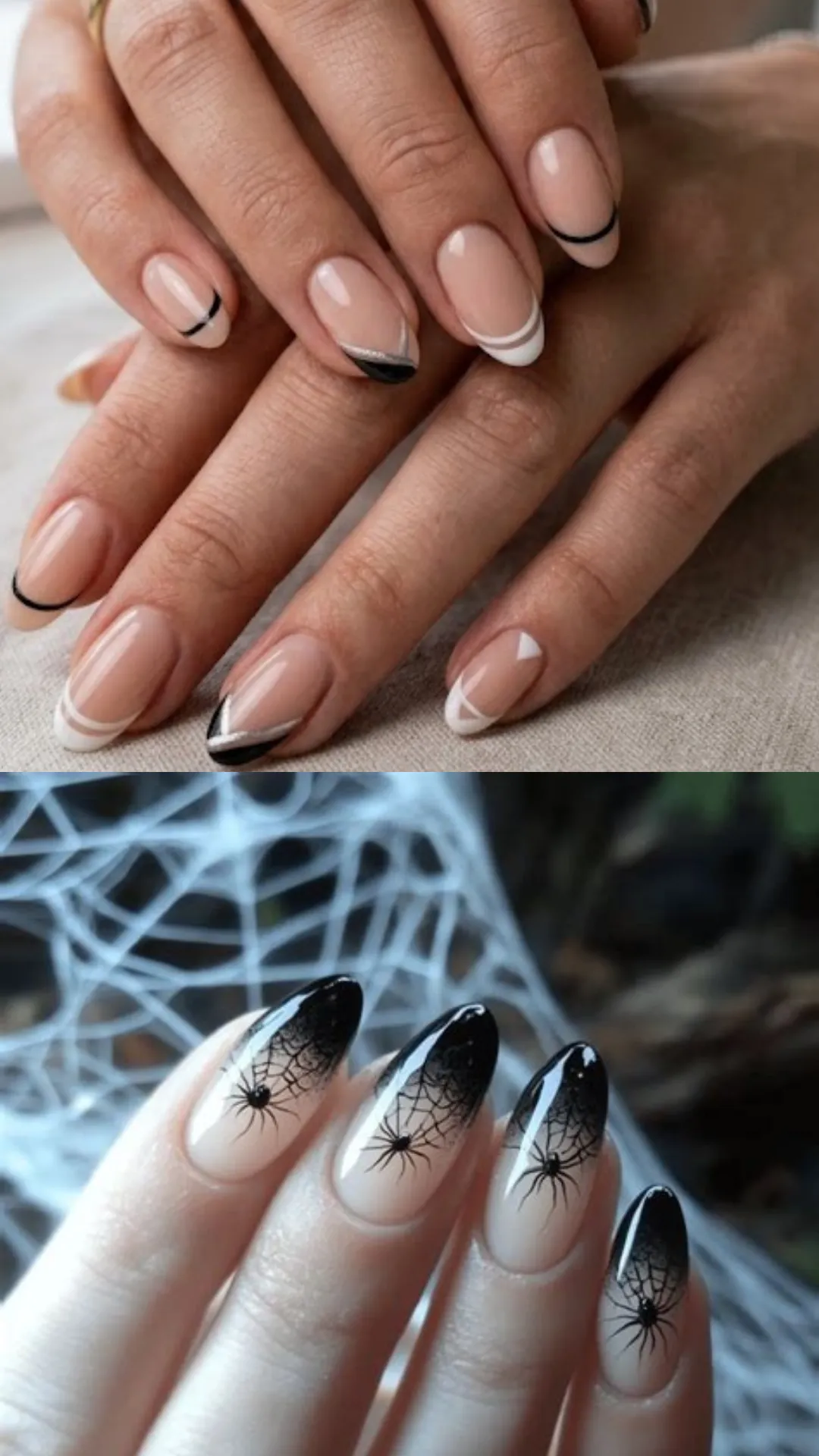 A split image contrasting a minimalist french design with spooky Halloween-themed nail art. The top half shows a close-up of two hands with classic nude manicures utilizing modern negative space, black tip lines, and silver glitter geometric arcs. The bottom half showcases a striking close-up of a hand with long, glossy oval nails featuring a smooth milky white base that transitions into a stark, airbrushed black ombré tip, covered in fine black spider gel webs housing a tiny hand-painted spider.