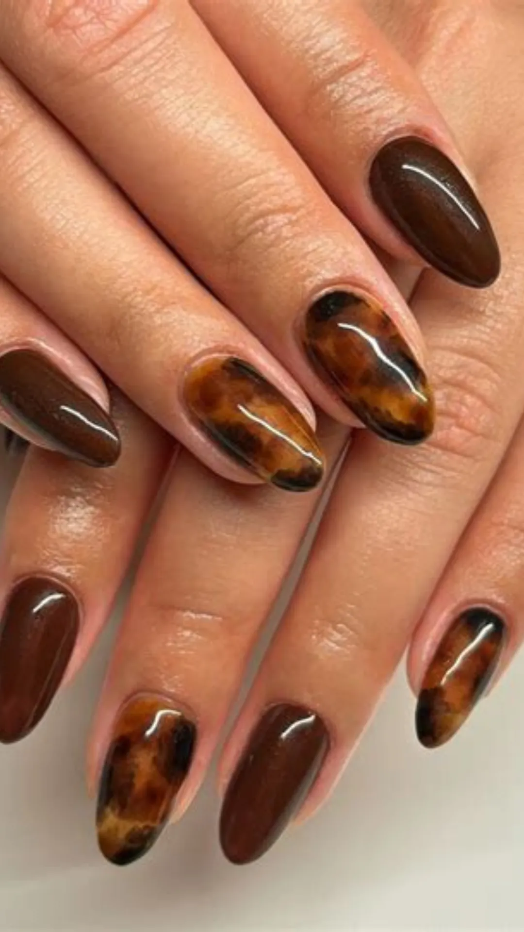 A detailed photograph focuses on hands with short almond-shaped nails, featuring an alternating pattern of deep espresso brown and a rich tortoiseshell design. The glossy dark chocolate brown nails on the index and pinky fingers provide a sophisticated base. The ring and middle fingers display intricate tortoiseshell patterns with layers of amber, brown, and black splotches, creating a high-shine, classic finish. This grounded and elegant everyday look pairs perfectly with various styles and provides a professional yet stylish aesthetic.