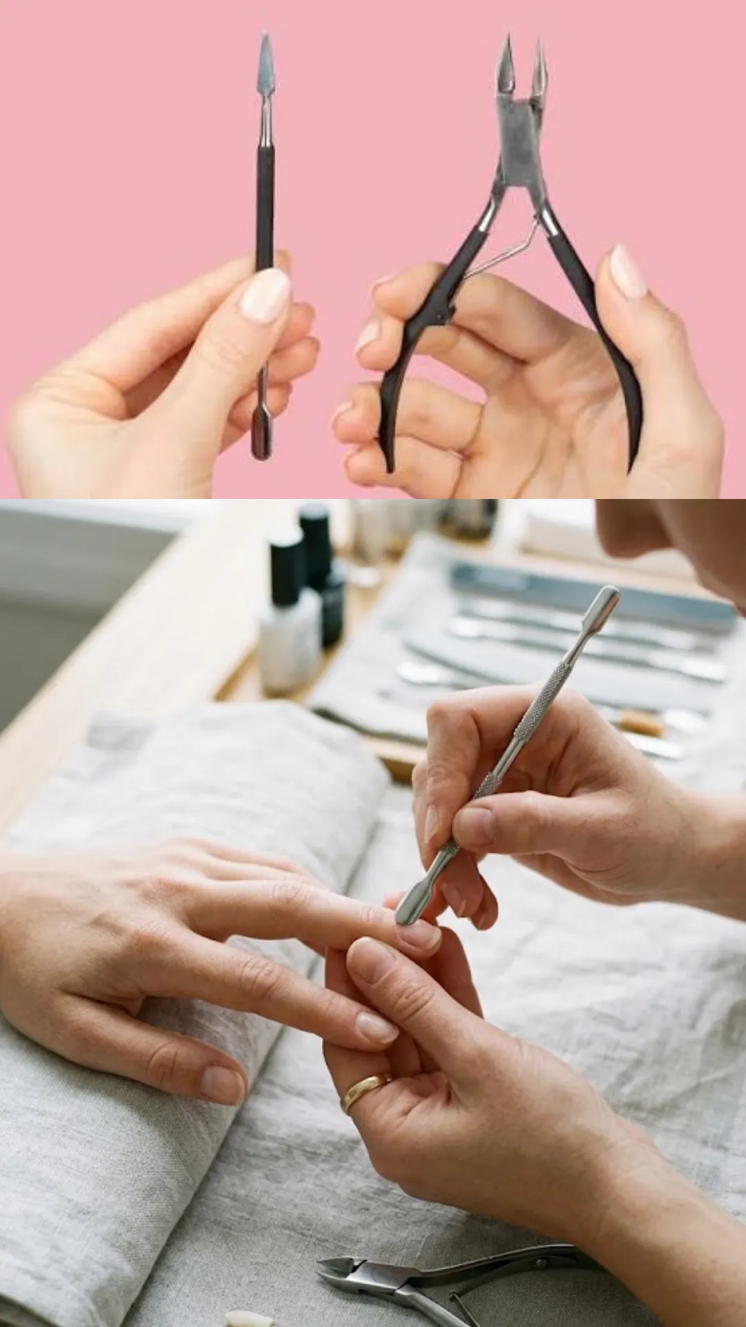 A split-screen image detailing essential cuticle care equipment. The top panel shows a person's hands holding up a double-ended stainless steel cuticle pusher and a pair of sharp metal cuticle nippers against a solid pink background. The bottom panel displays a professional manicurist using a silver pusher tool to gently scrape back the dead cuticle tissue from a client's natural nail bed on a light grey linen hand towel.