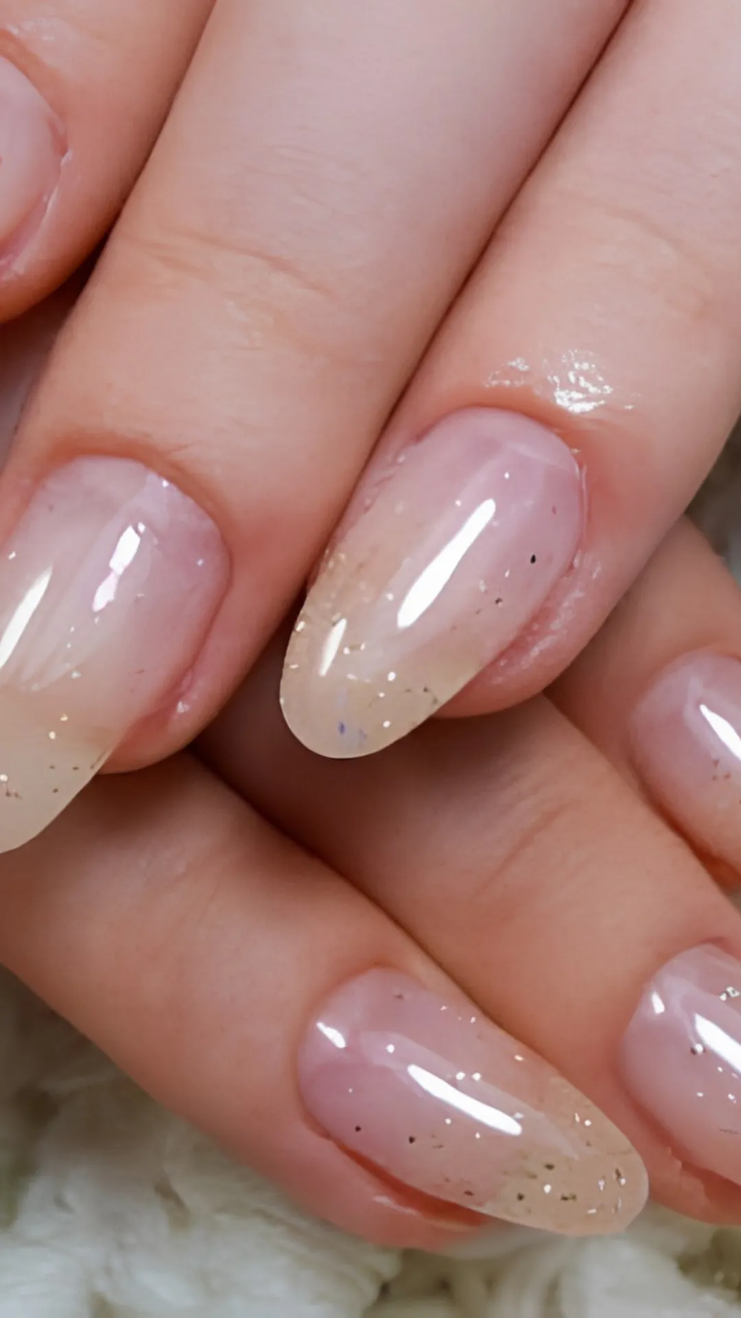 A macro photograph showcasing a delicate glitter ombré design on long, elegant almond nails. The base of the nails features a semi-translucent, milky pink gel polish that seamlessly transitions into a sheer tip. Fine, scattered specks of reflective gold glitter flakes are concentrated near the free edges, catching the light with subtle sparkles.