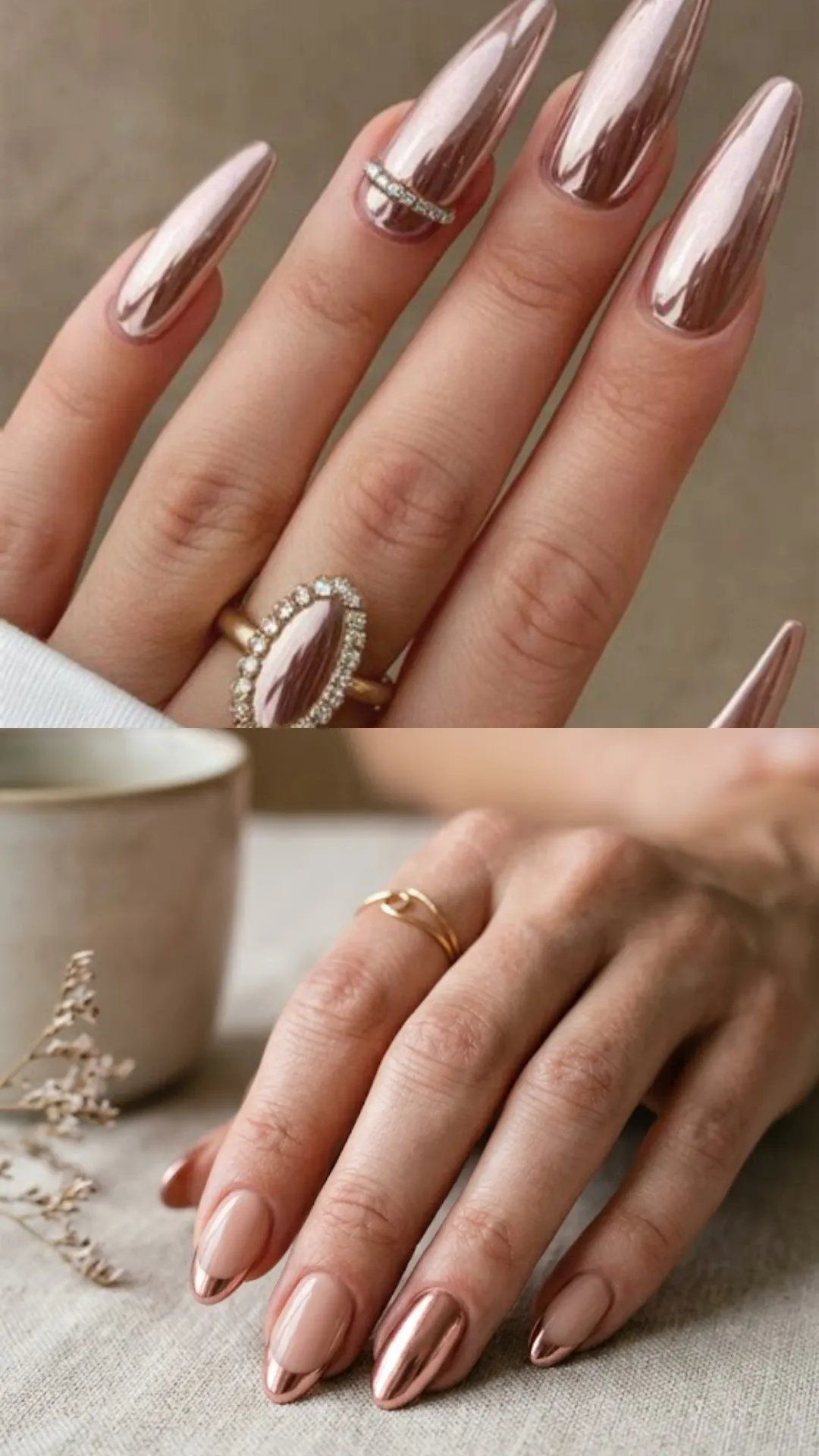 A composite image highlighting metallic rose gold accents on nude bases. The upper half displays dramatic, ultra-long stiletto nails finished in a mirror-like metallic rose gold chrome powder, adorned with a delicate rhinestone band accent near the cuticle and a matching oval gemstone ring. The lower half features a softer look with short almond nails coated in a sheer nude polish, finished with thin rose gold chrome French tips.