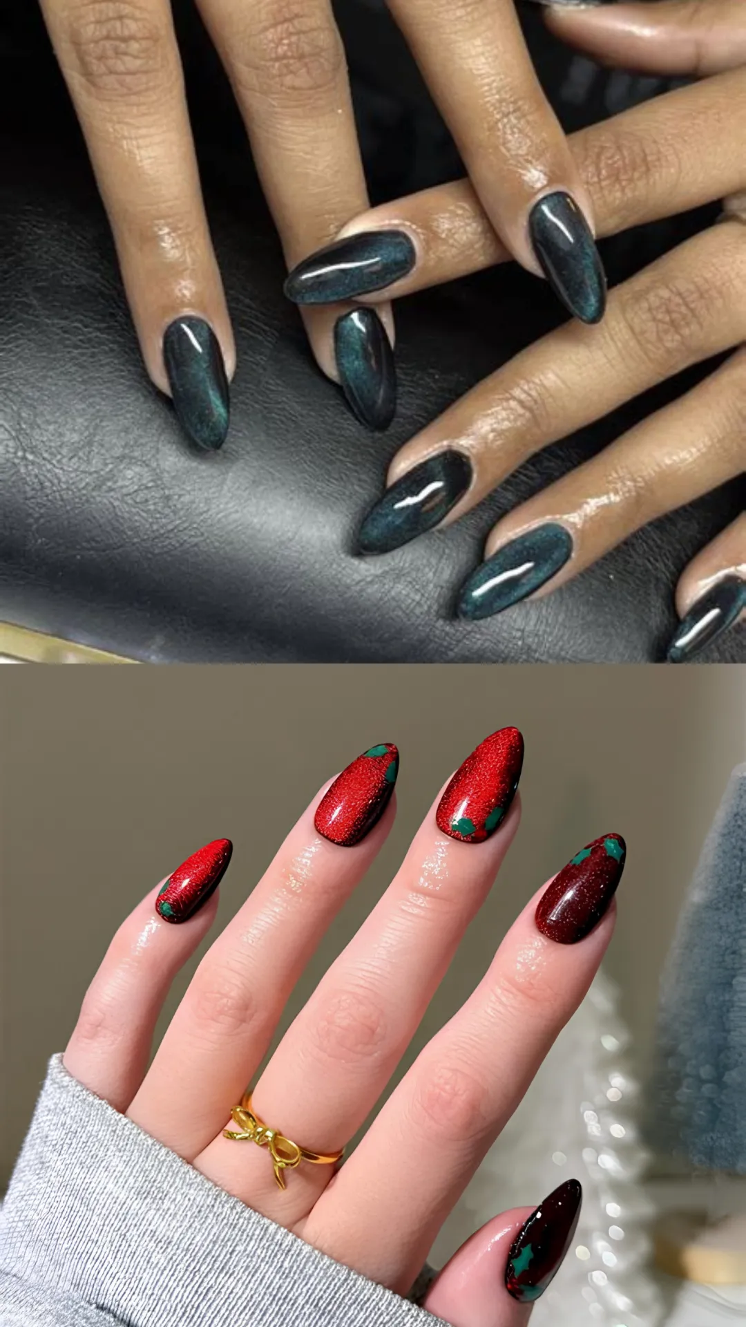 Shimmering magnetic cat-eye manicures displaying deep velvet teal nails on top, and sparkling ruby red cat-eye almond nails accented with delicate green and red holly designs below.
