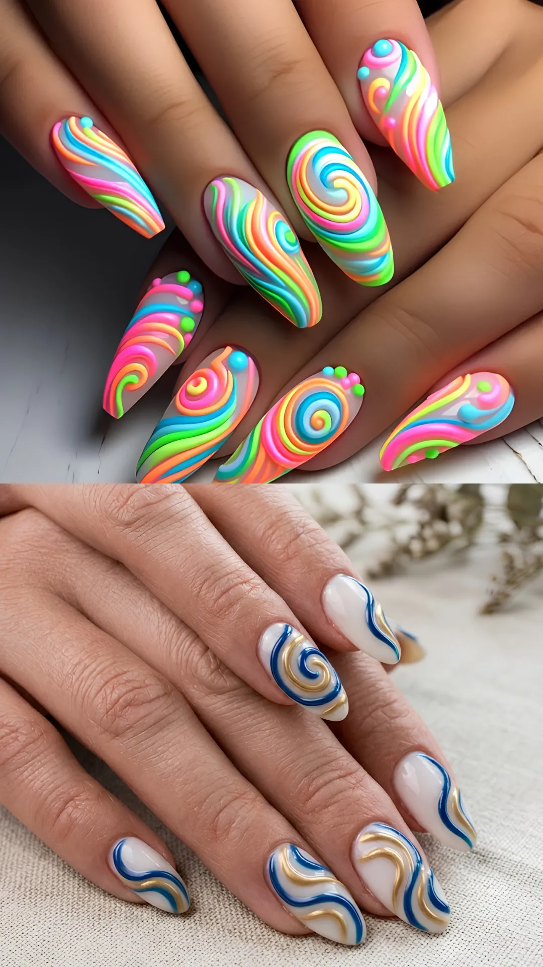 A split-panel image featuring vibrant 3D swirl patterns. The upper section shows long coffin nails painted with neon rainbow 3D gel swirls in bright pink, lime green, orange, and electric blue that create a raised, tactile texture. The lower section displays an elegant version with glossy white nails decorated with sculpted 3D liquid waves in deep navy blue and metallic gold.