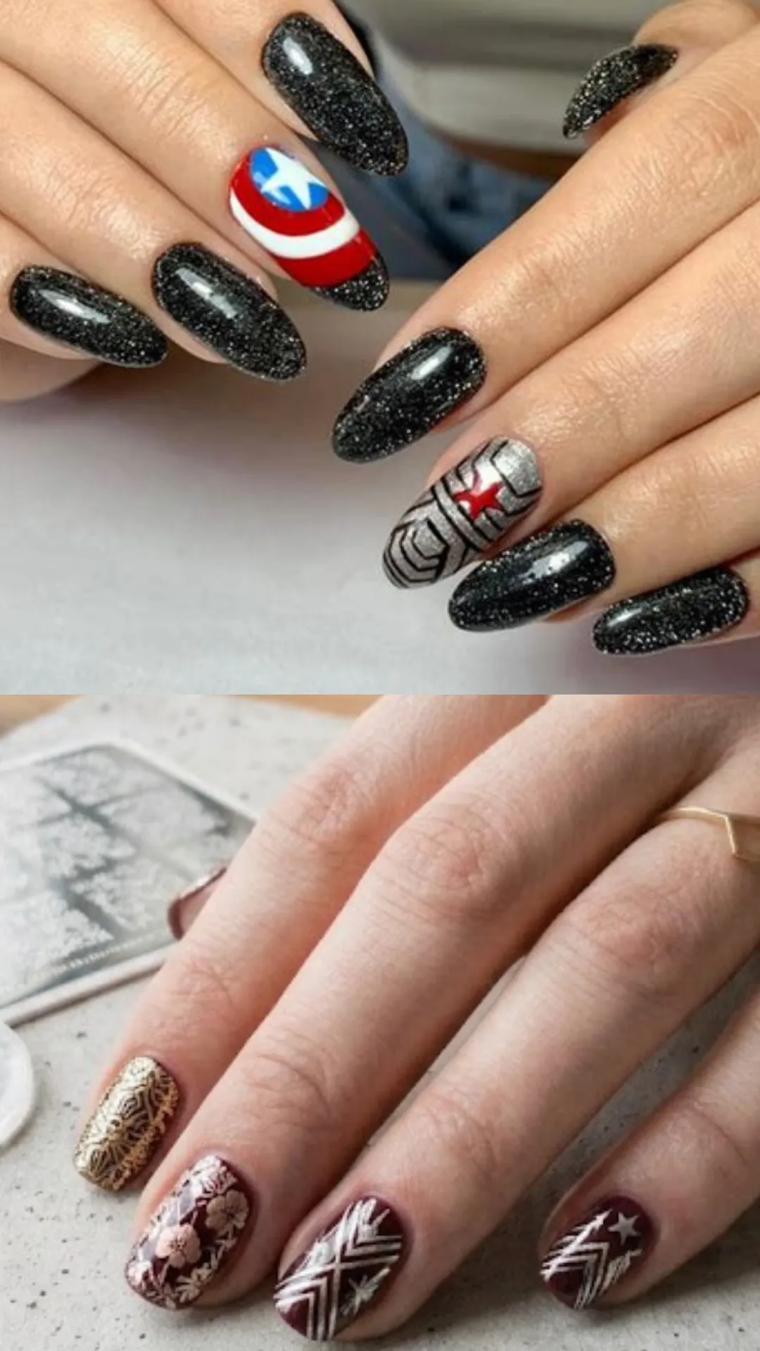 A two-panel photo showcasing pop-culture and holiday-inspired stamping art. The upper half displays long almond nails in a dark silver glitter finish, featuring stamped comic book accent nails themed around Captain America and the Winter Soldier. The lower half shows short burgundy-red nails stamped with elegant metallic gold floral mandalas and starbursts.