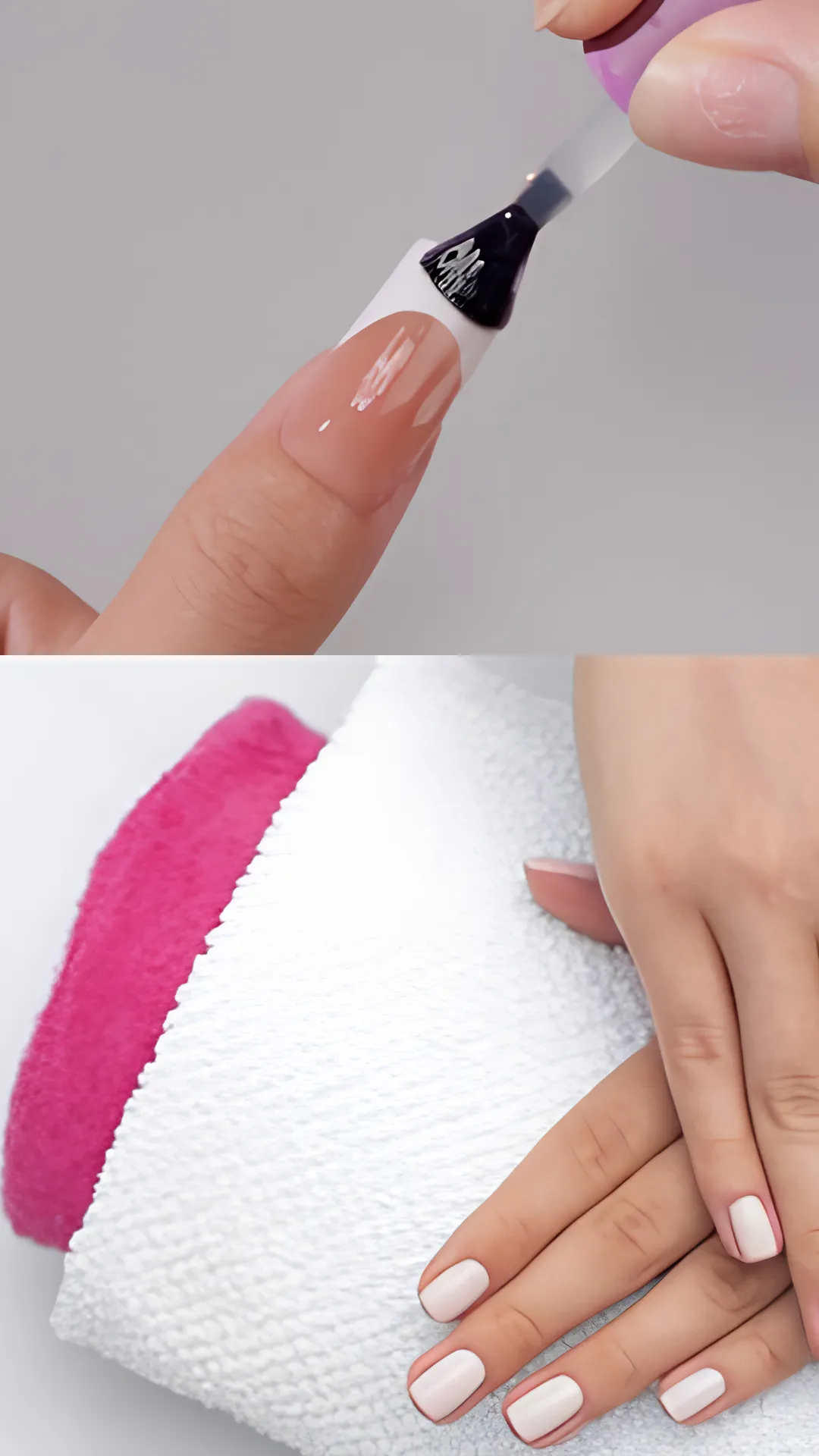 A two-part photo showcasing the "capping the free edge" technique and nail hydration. The top half shows a close-up of a brush applying top coat directly along the front edge and tip of a long nail to lock in the polish layers. The bottom half displays two hands with a fresh, pristine white gel manicure resting on a soft white towel with a pink cushion, demonstrating fully sealed, chip-free tips.