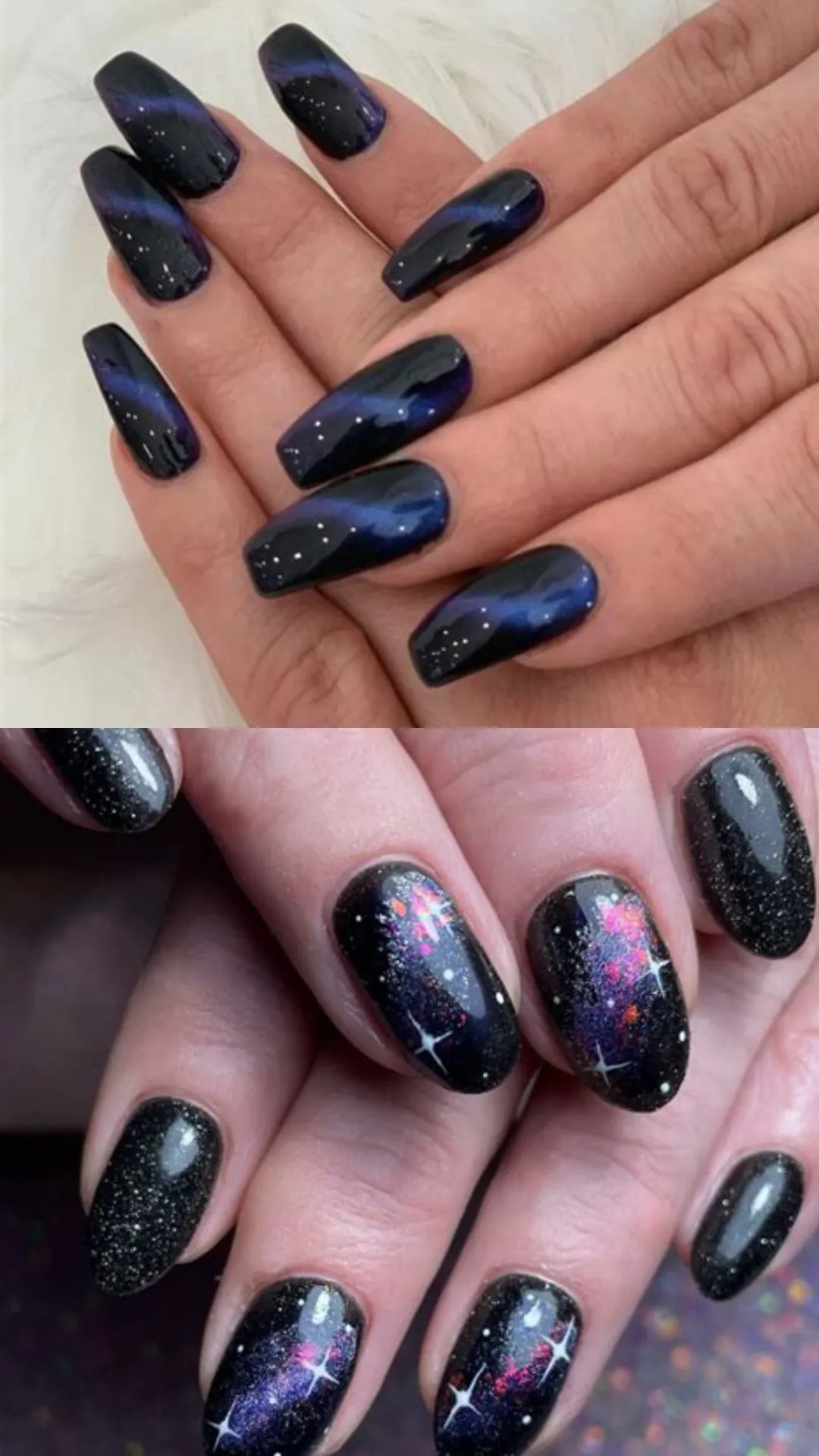 Celestial galaxy-inspired manicures showcasing deep velvet black magnetic cat-eye nails with blue shifts on top, and shimmering black glitter nails featuring hand-painted pink nebulae and white stars below.