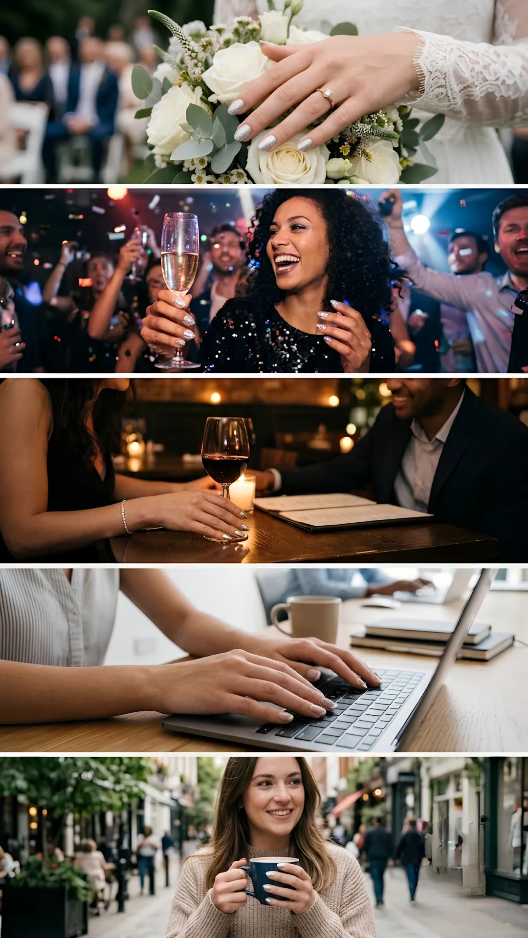 A compilation of lifestyle photos demonstrating the versatility of silver manicures, worn elegantly by a bride, at a vibrant party, during a dinner date, at an office desk, and at a casual cafe.