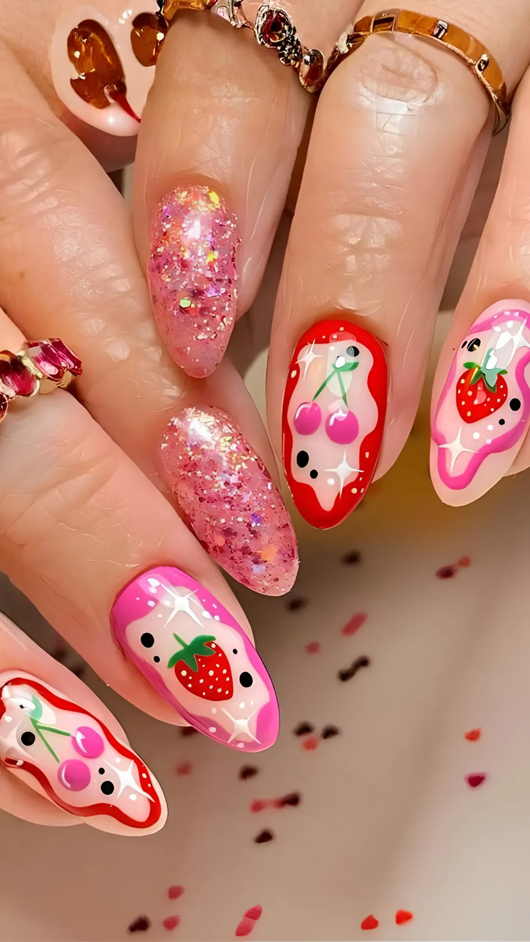 A close-up view of a vibrant, fruit-themed spring manicure on long, oval fingernails. The design incorporates a mix of high-gloss pink jelly gel polishes and multi-dimensional glitter finishes. Several nails feature a playful, dripping design with illustrations of red cherries and bright red strawberries accompanied by white sparkle starburst accents and black dots. The remaining accent nails are coated in a dense, shimmering pink glitter lacquer that catches the light intensely.