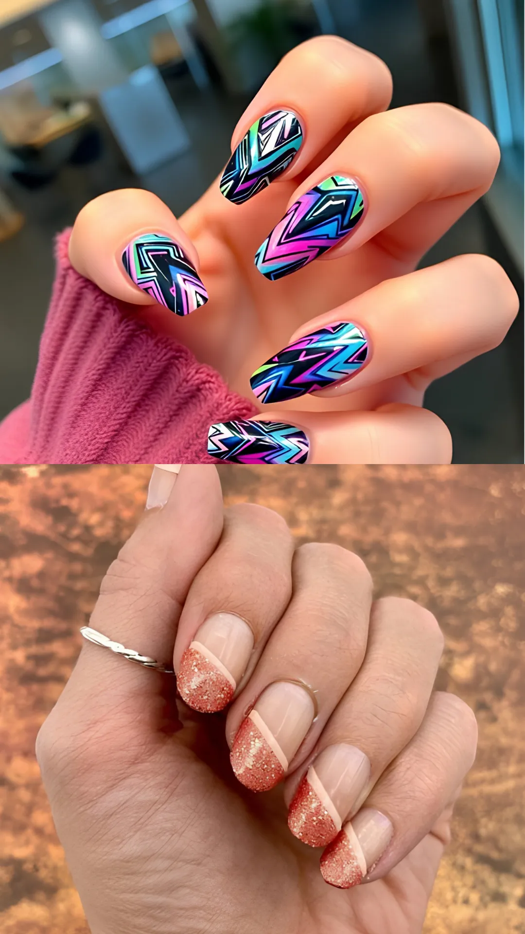 A two-panel showcase of creative accent lines on acrylic manicures. The top image presents long coffin nails detailed with a vivid, multi-colored neon chevron and zigzag pattern in blue, purple, pink, and green over a deep black base. The bottom image shows a more understated style featuring natural square nails with sharp, diagonal French tips filled with sparkly rose gold glitter.