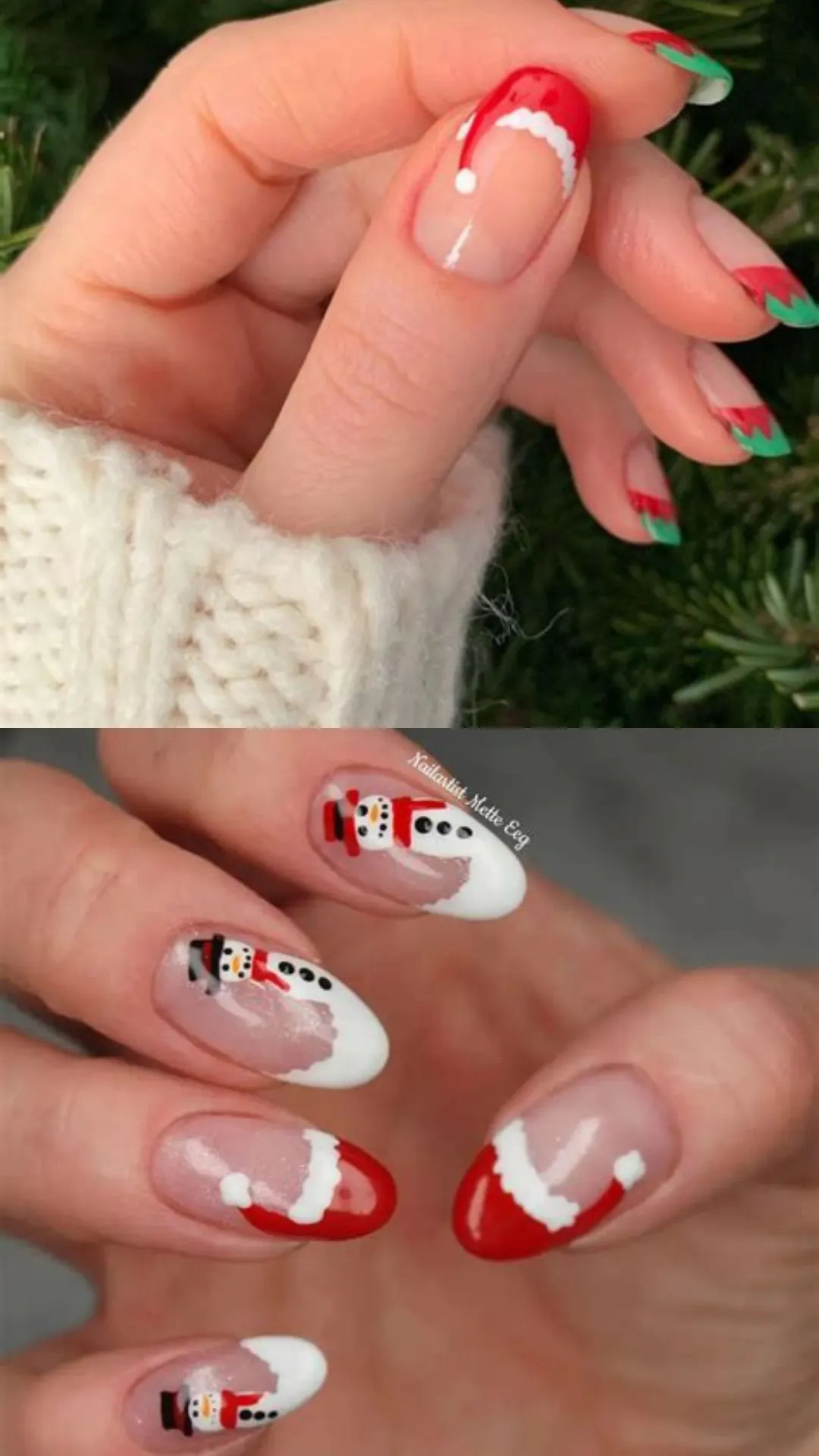 Whimsical Christmas nail designs showcasing clear base nails with playful red and green holiday hat French tips, compared with painted snowmen art and red Santa hat tips on a nude base.