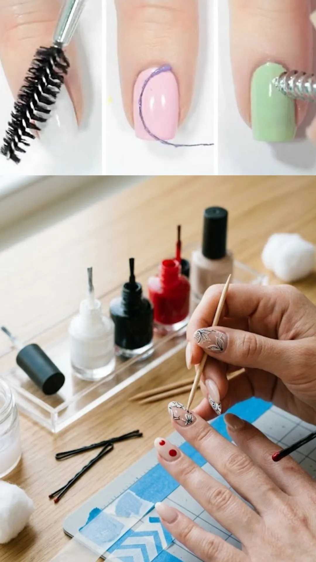 A multi-panel image displaying clever alternative everyday items used for DIY nail art. The top three vertical panels show a spoolie brush creating texture, a piece of string placing clean grid lines over pink polish, and a metallic bobby pin end creating perfect dots. The large lower image shows a person using a classic wooden toothpick to draw delicate abstract spiderweb outlines on their fingernails near open bottles of white and black lacquer.