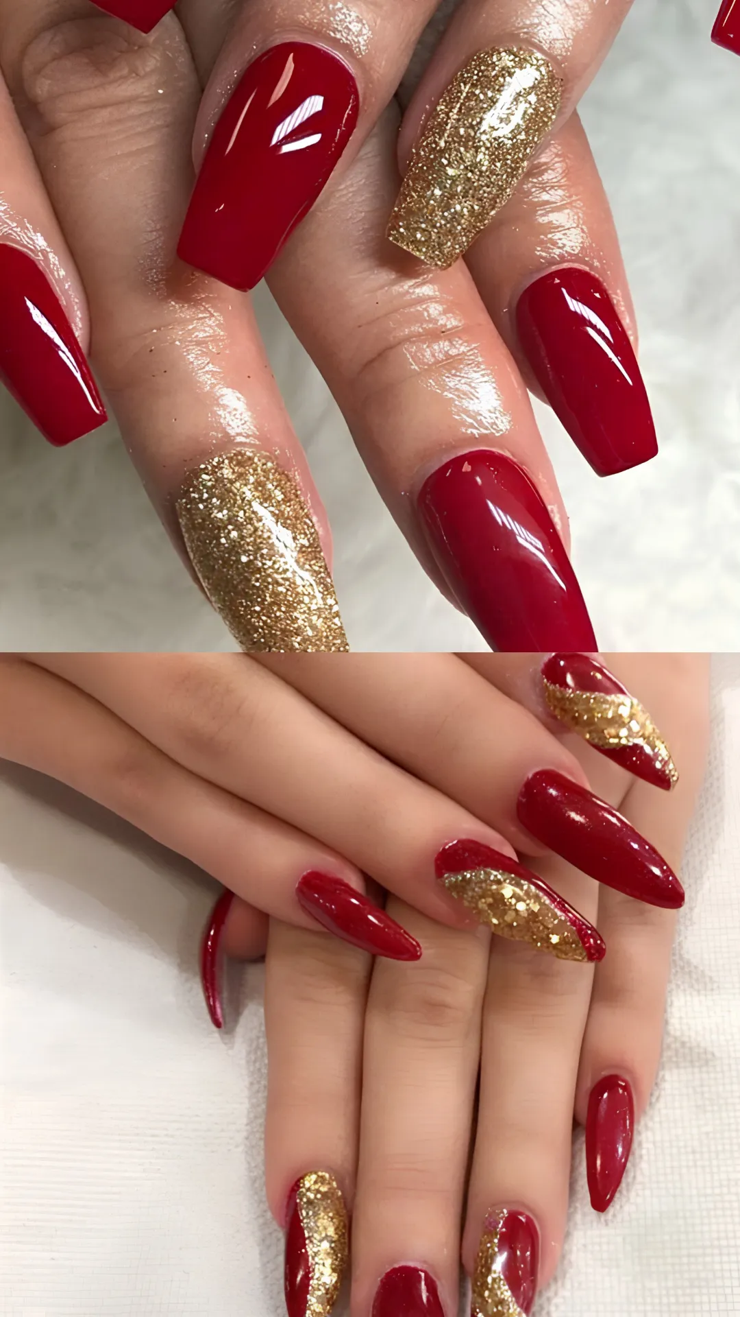 A composite photograph focusing on glamorous red and gold holiday-ready manicures. The upper photo shows long, square-shaped cherry red gel nails combined with full-coverage accent nails coated in chunky, brilliant yellow-gold glitter. The lower photo displays long stiletto nails painted in a glossy red, decorated with dramatic, swirling abstract bands of dense gold glitter along the sides.