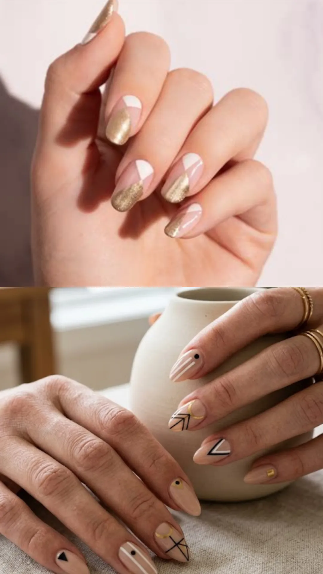 A two-part photograph displaying geometric and bohemian art on nude nails. The top image shows a hand with oval nails featuring diagonal color blocking in textured gold glitter and crisp white over a natural nude base under warm light. The bottom image displays hands resting on a ceramic vase, with almond nude nails decorated with intricate black line art, small black dots, and subtle gold geometric shapes.