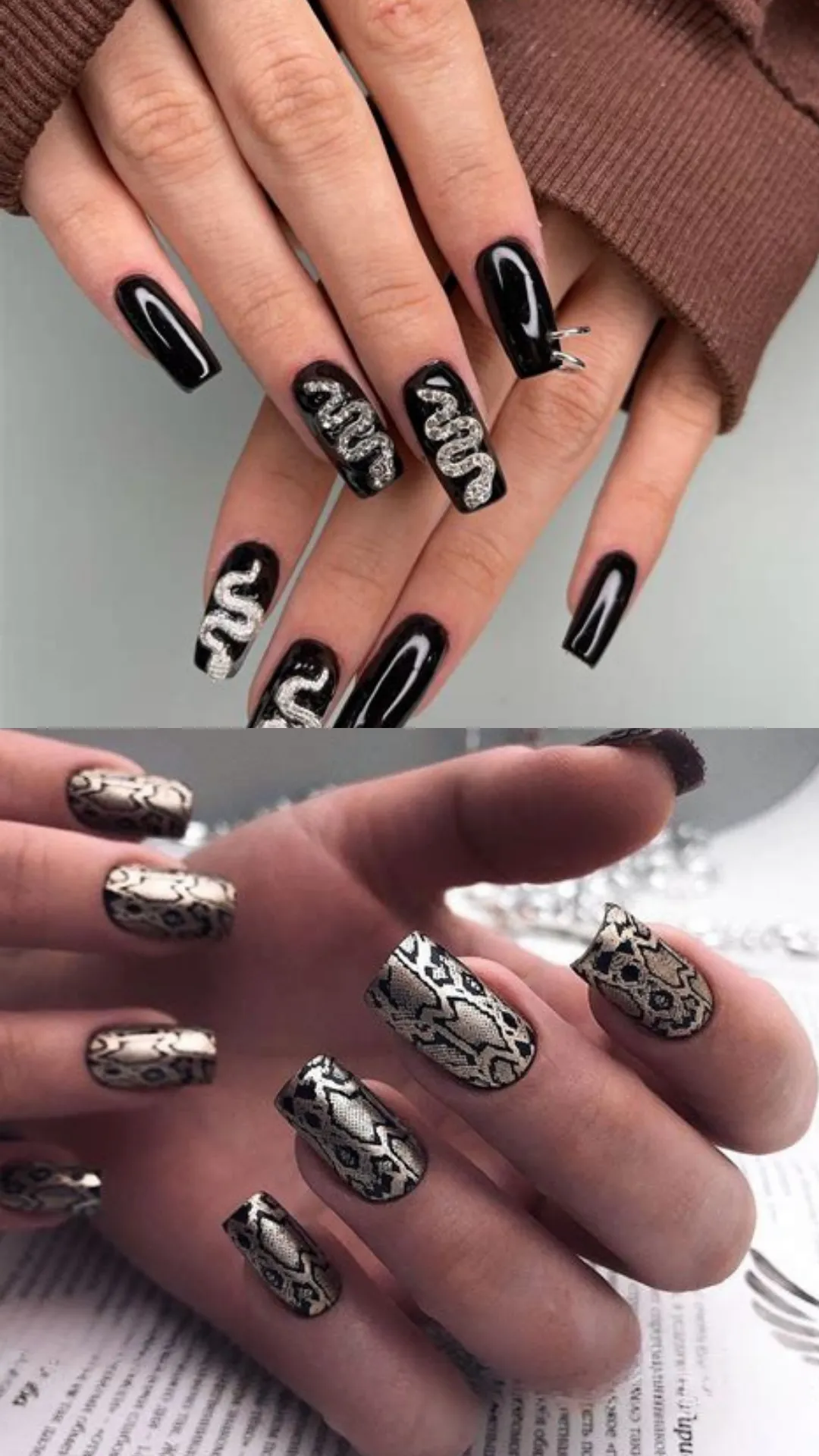 Edgy reptile-themed nail art featuring glossy black coffin nails accented by textured silver glitter snakes and nail rings on top, paired with an all-over metallic silver and black snakeskin pattern below.