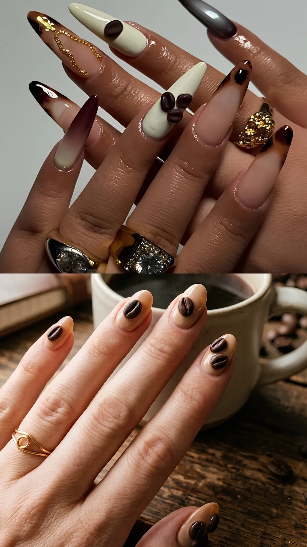 A dual-image photograph showing coffee-themed 3D nail designs. The upper image displays long, stiletto nails with coffee-and-cream ombre tips, latte art swirls, and realistic 3D roasted coffee bean charms attached to light beige accent nails. The lower image features short almond nails in a warm nude polish, each decorated with one or two raised 3D coffee bean charms held next to a mug of hot coffee.