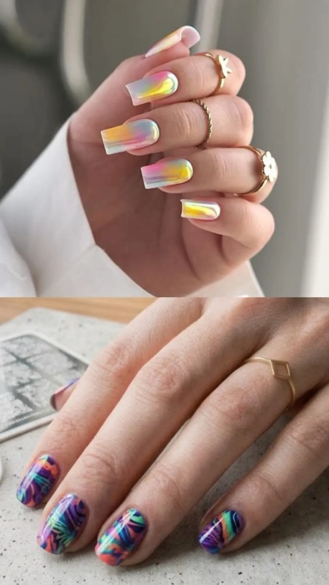A dual-image photograph displaying vibrant tropical and holographic stamping styles. The top half shows long square nails with a iridescent glazed donut finish reflecting yellow, pink, and green tones. The bottom half displays short nails with a dark neon background stamped over with tropical palm frond silhouettes in shades of green, purple, and blue.