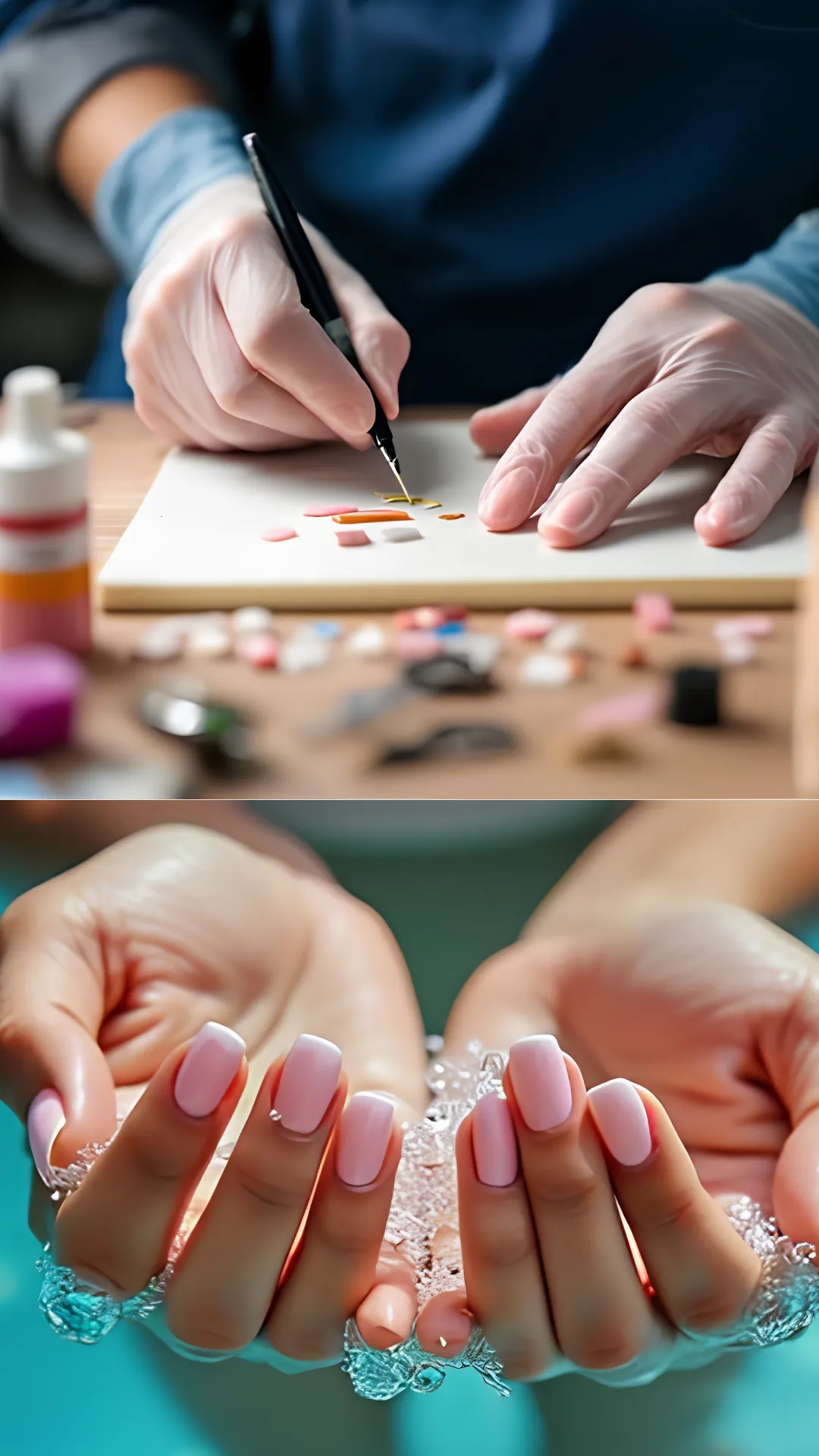 A composite photograph displaying professional nail care and water protection practices. The top section shows a technician wearing protective nitril gloves using a fine detailing tool over a workbench to carefully paint precision art. The bottom section depicts a pair of hands with a glossy pale pink French manicurecupped together under running water, highlighting the importance of wearing gloves or avoiding prolonged soaking to protect nail polish integrity.