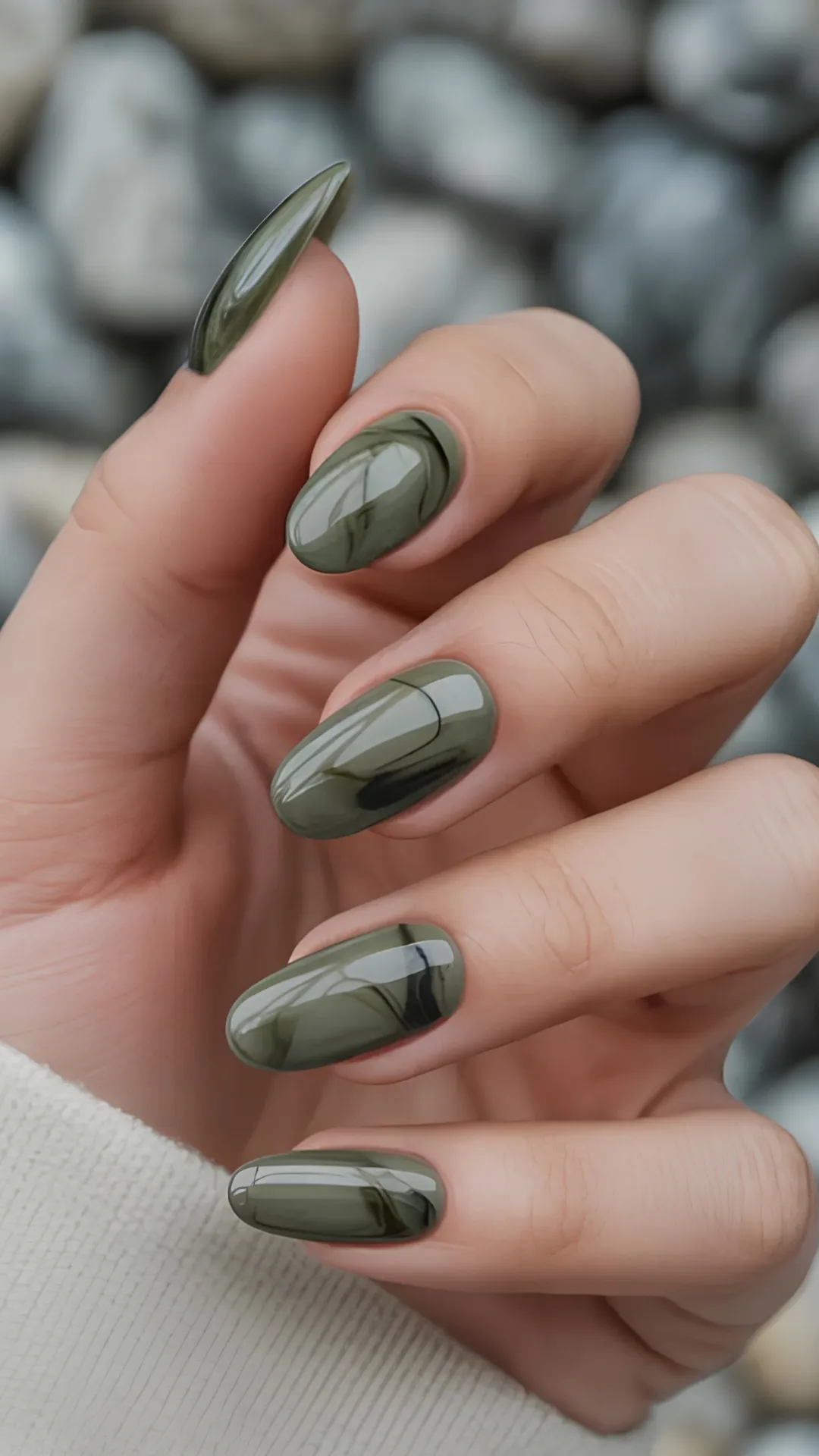 Elegant long oval-shaped nails showcasing a high-gloss olive green base with a subtle, smoky black marble effect running through each nail.