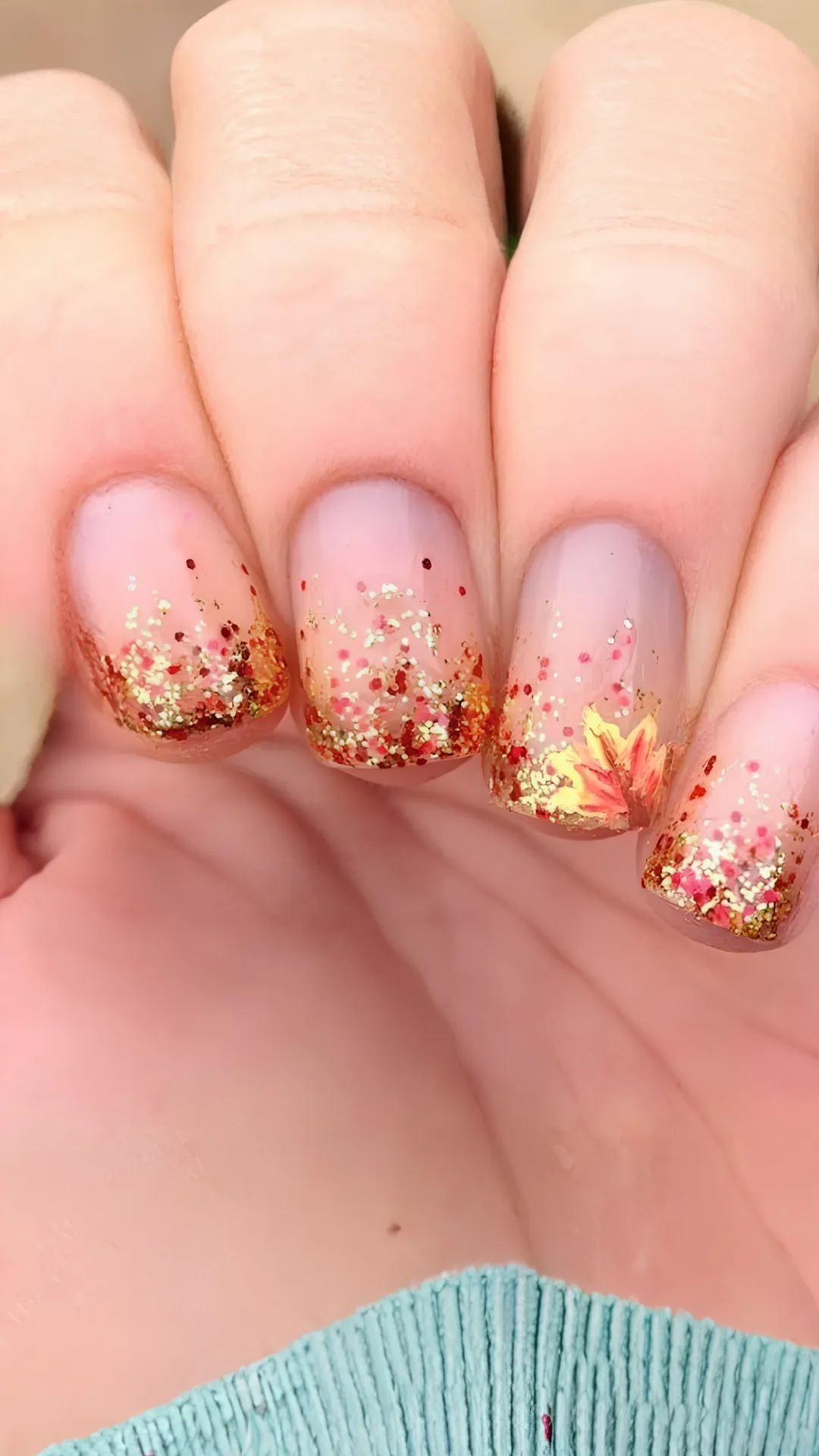 A delicate fall manicure on short square nails featuring a sheer clear base with a gradient of red and gold glitter ombre tips, accented by a single painted yellow autumn leaf.