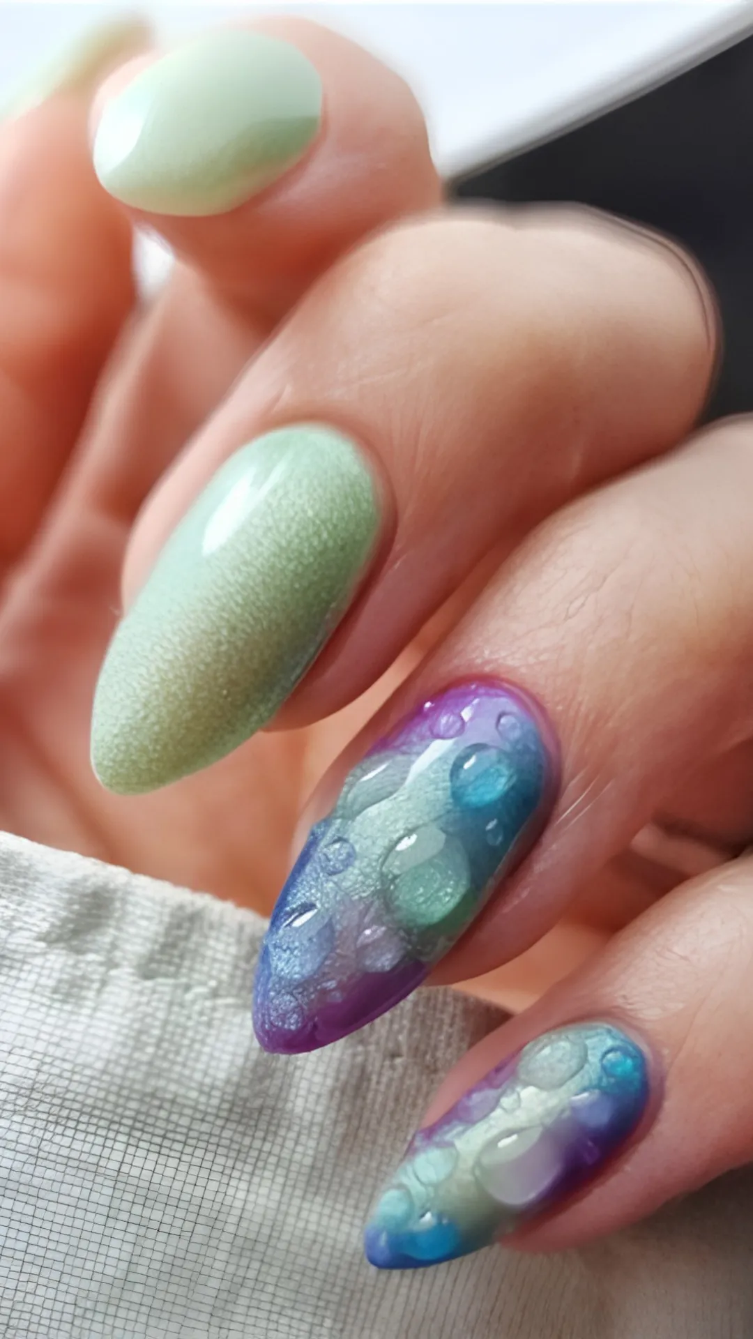 A macro photograph showcasing an artistic 3D textured manicure on long almond-shaped nails. The index finger features a solid, light mint green gel polish with a smooth, glossy reflection. The middle and ring fingers display a mesmerizing multi-colored base swirling with purple, blue, and mint tones, covered completely by thick, clear sculpted gel droplets that look like realistic morning dew or fresh raindrops resting on the surface.