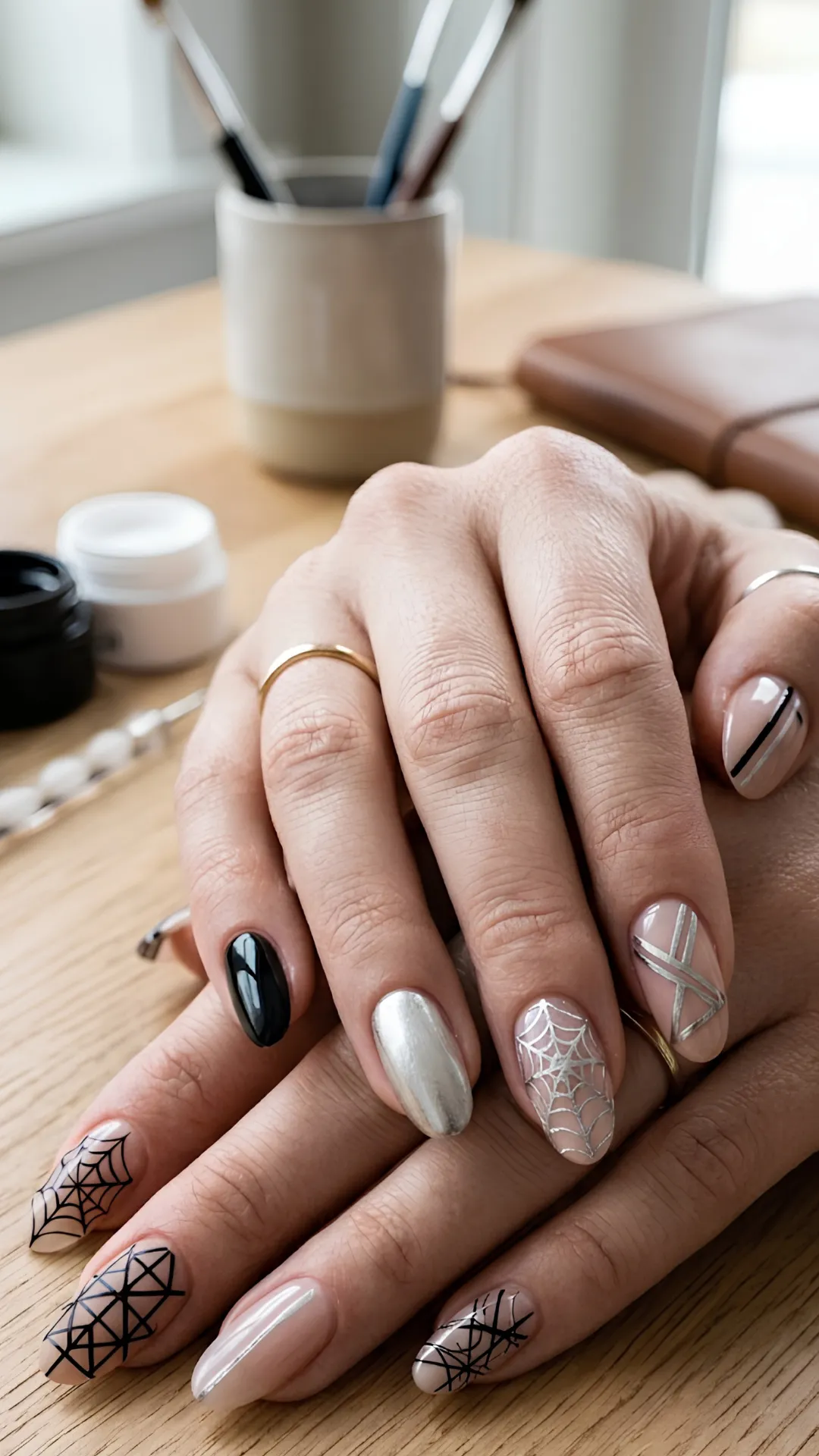 A detailed close-up shot of a pair of hands resting on a wooden table, showcasing an eclectic mix-and-match spider web manicure. The long, oval nails feature a creative variety of styles, including a solid glossy black nail, a metallic silver chrome accent nail, a sheer pink nail with geometric silver lines, and multiple accent nails decorated with intricate, hand-painted black and silver spider webs over a natural nude base coat.