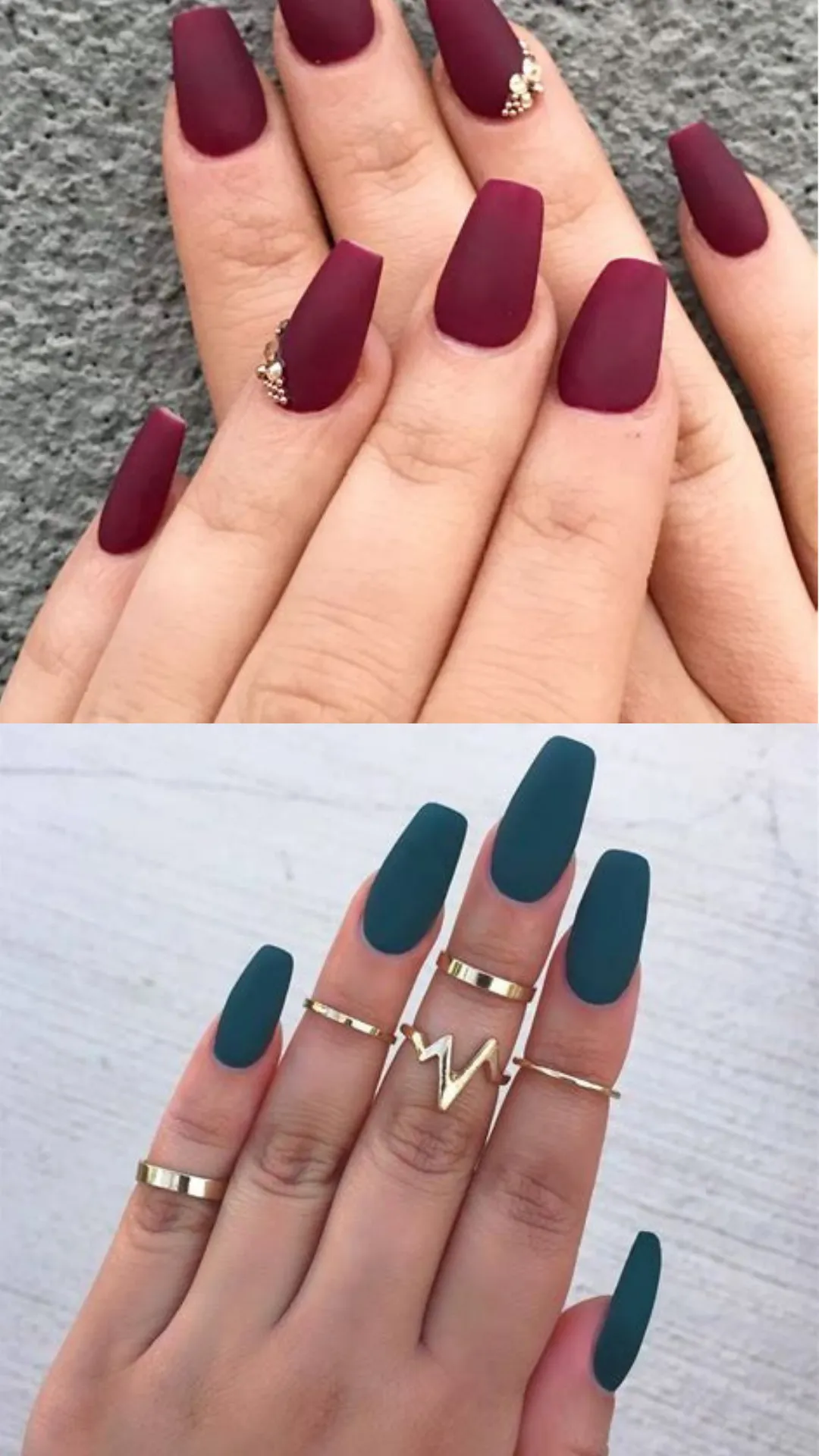 A two-panel presentation of bold, solid matte acrylic color styles on coffin-shaped nails. The top image features a rich, deep burgundy matte manicure elegantly accented with a few tiny gold rhinestones near the cuticles. The bottom image shows a striking matte teal finish on long coffin nails, accessorized with a series of simple gold minimalist finger rings.