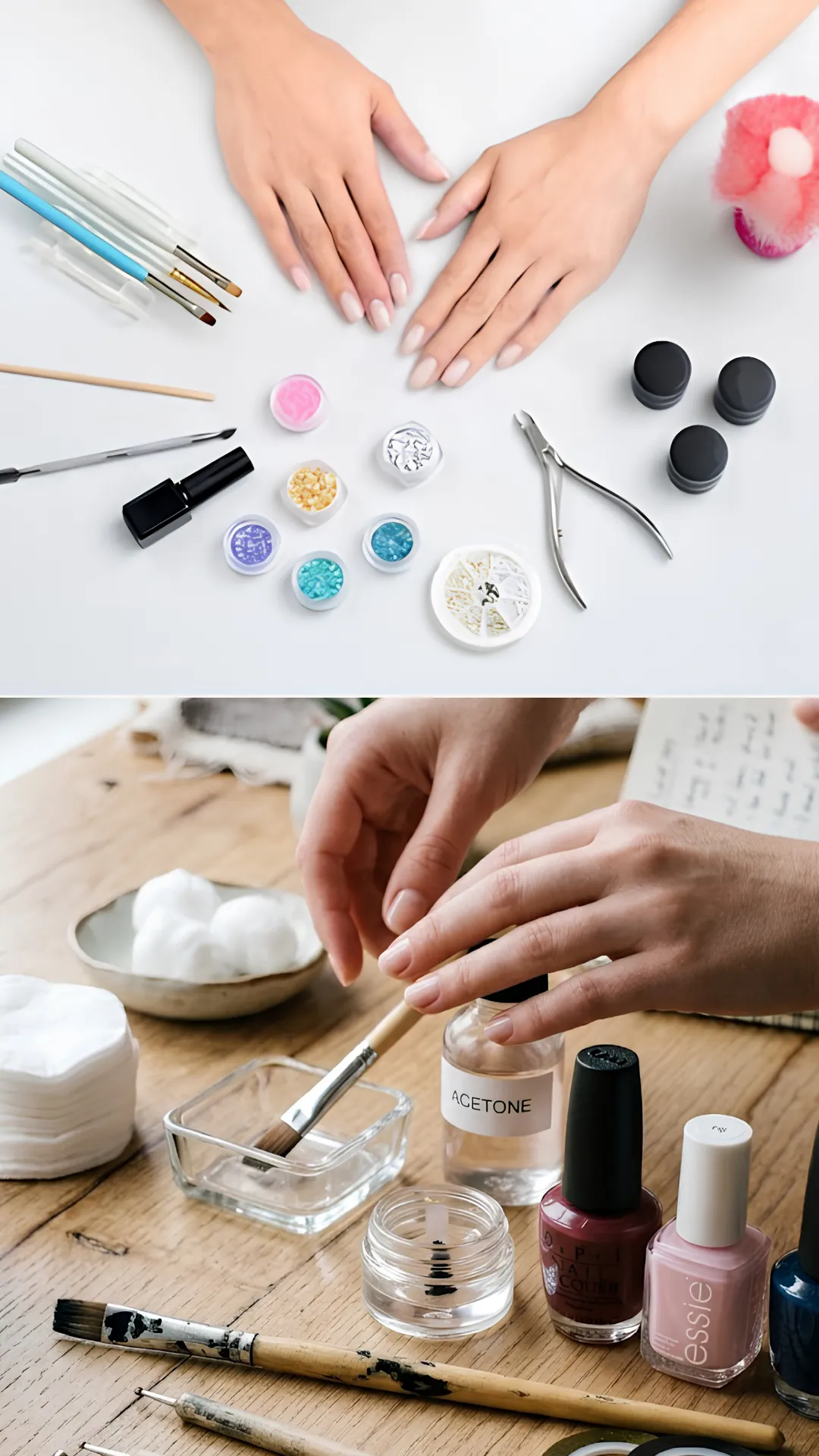 A two-panel image showing essential workspace organization and prep supplies for beginner nail art. The top panel features an overhead flat-lay of clean hands surrounded by nail brushes, a cuticle nipper, wooden sticks, and small pots of colorful glitter and foils. The bottom panel depicts a person dipped a nail brush into acetone in a glass dish over a wooden desk equipped with cotton pads, polish bottles, and a nail art liner tool.