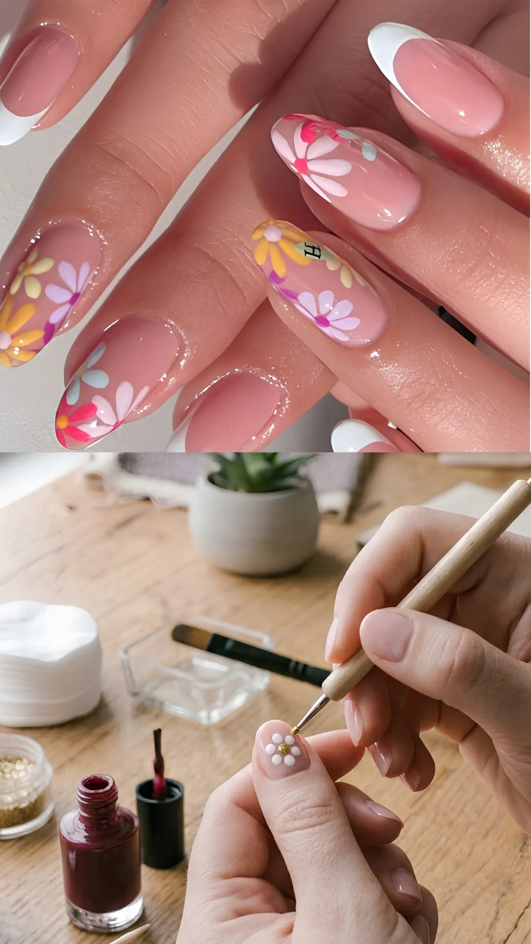 A split-screen image demonstrating a simple daisy floral nail art tutorial. The top section showcases long almond nails with a sheer nude base decorated with colorful hand-painted pastel daisies. The bottom section depicts a close-up of a person using a wooden dotting tool to place five white dots in a circle with a central gold dot on a pink fingernail to easily create a flower.