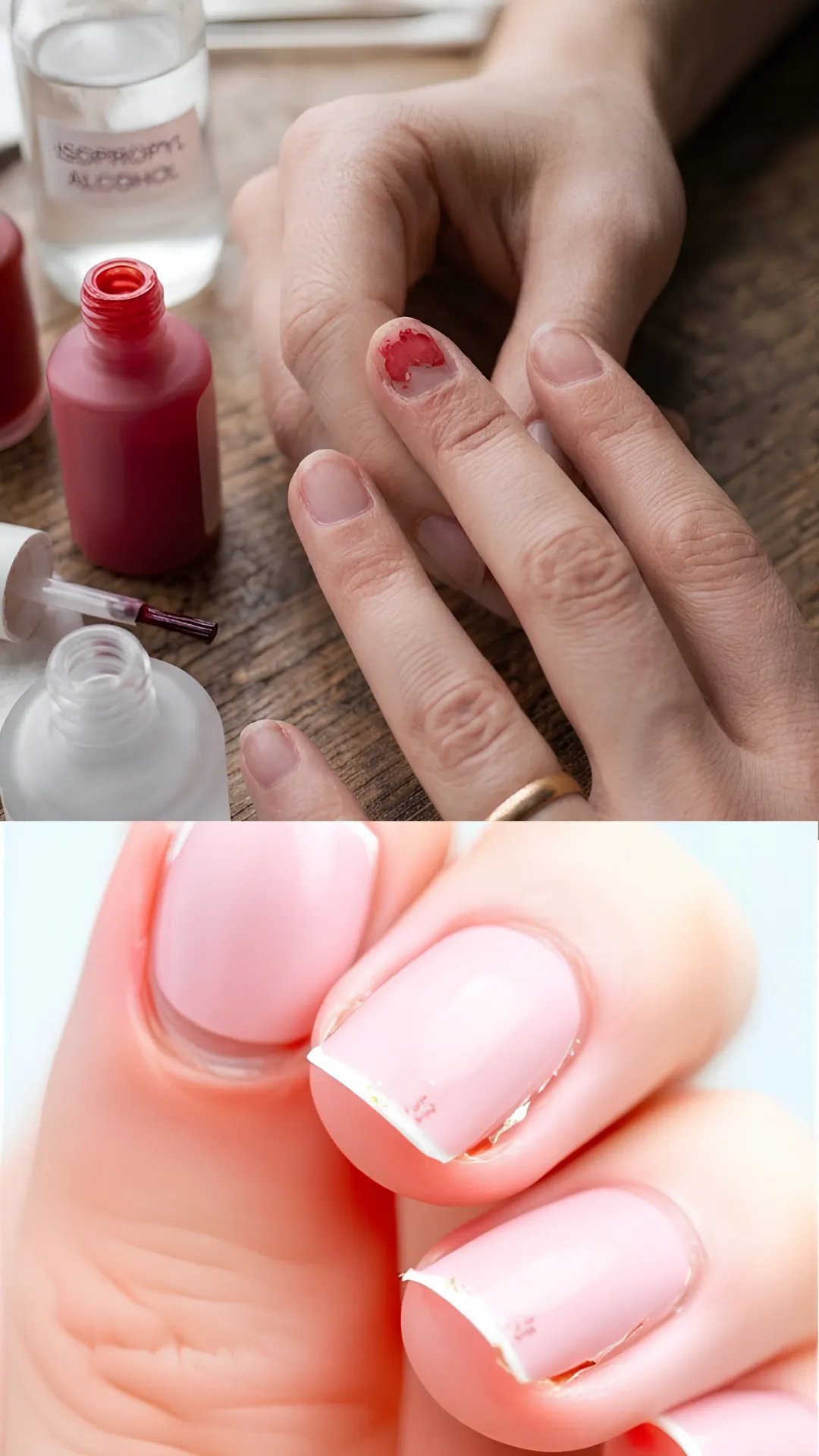 A two-part photo highlighting topcoat shrinkage and cuticle gap errors. The upper photo shows a red manicure with severe polish shrinkage away from the cuticle base. The lower photo displays an extreme macro view of light pink nails where the topcoat has shrunk significantly at the tips and cuticles, leaving exposed white edges and uneven raised borders.
