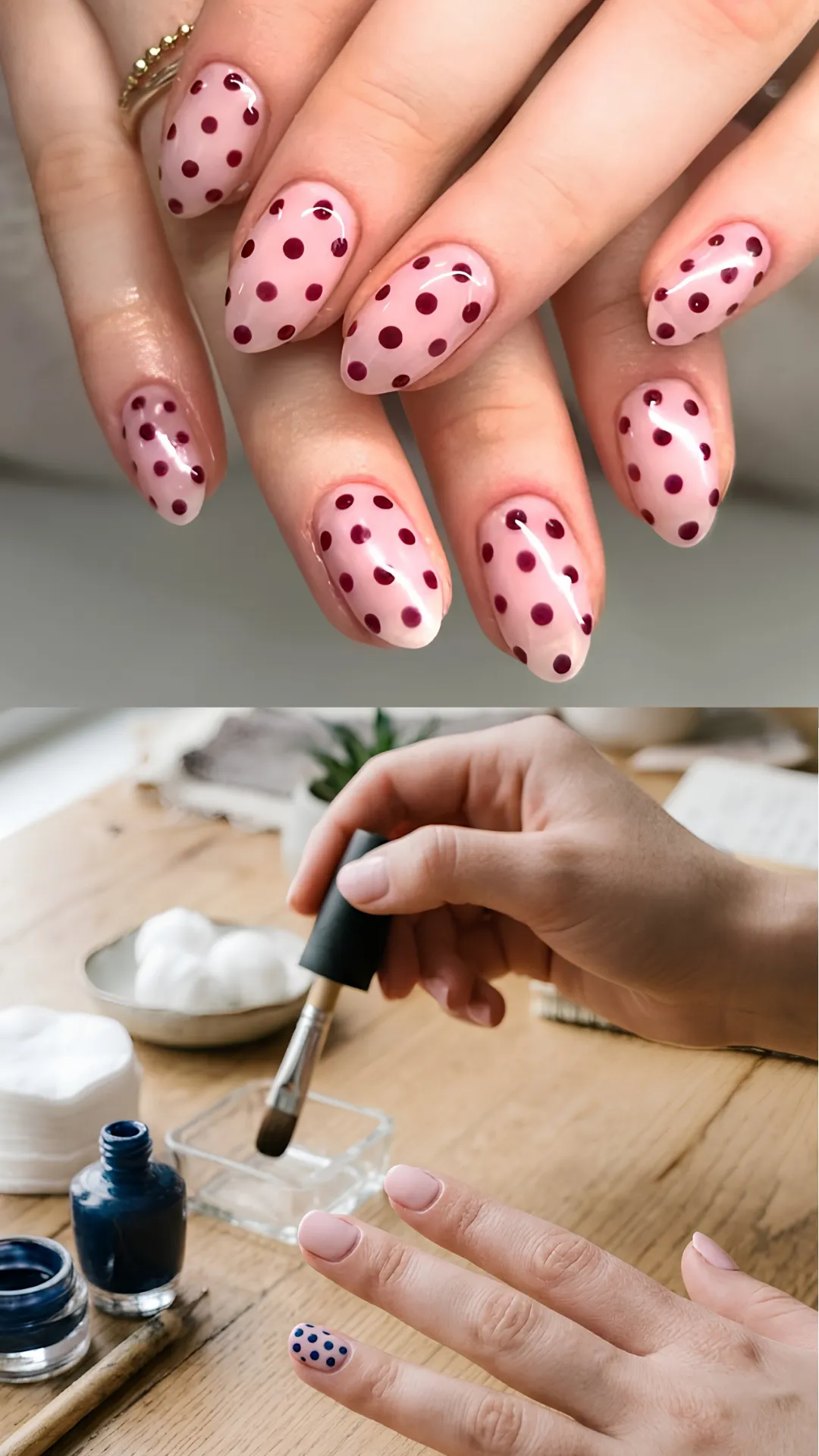 A split-screen photograph showcasing a polka dot nail art tutorial. The top section presents a close-up of hands with long almond-shaped nails featuring a high-gloss pastel pink base decorated with neat burgundy polka dots. The bottom section shows a person at a wooden desk using a dotting tool dipped in dark blue polish to carefully press uniform dots onto a light pink fingernail.