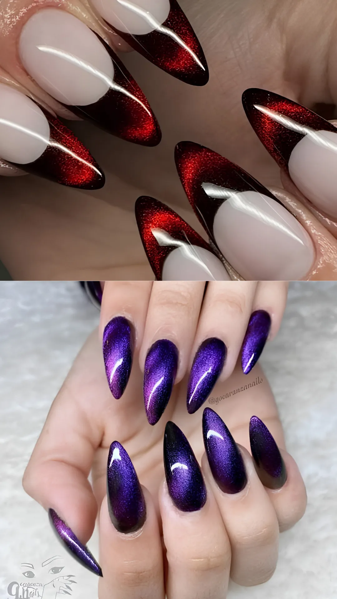A two-panel composite image showcasing dark, dramatic cat-eye stiletto designs. The top panel presents a macro view of long stiletto nails with a natural nude base, featuring dramatic crimson-red magnetic cat-eye French tips edged with fine 3D silver lines. The bottom panel shows two hands displaying long, pointed stiletto nails painted in a deep, shimmering velvet purple magnetic cat-eye polish that glows under the light.