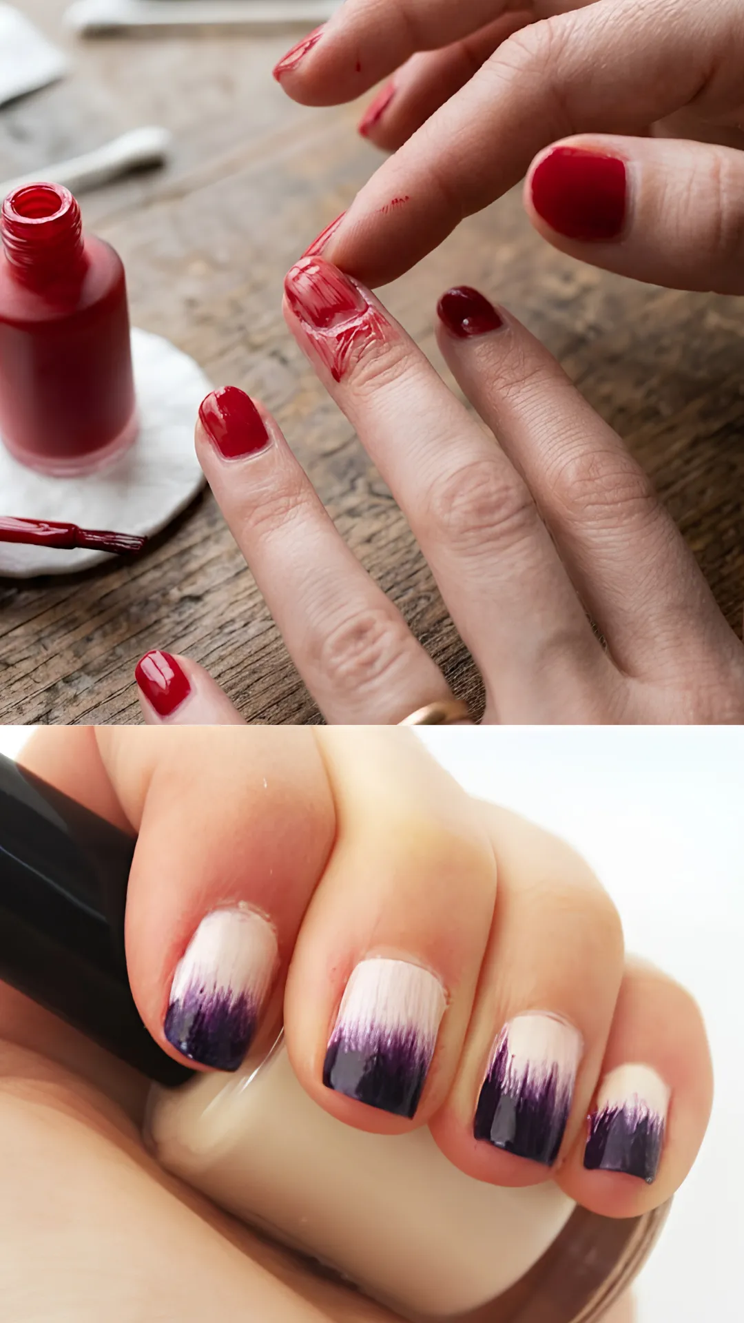 A two-panel image showing manicure mistakes involving cuticle smudging and poor ombre blending. The upper section depicts a person applying red polish messy enough to flood the cuticle crevices completely. The lower section shows a close-up of a hand holding a nude bottle, displaying a harsh, unblended dark purple ombré tip applied over a cream base without a smooth gradient transition.