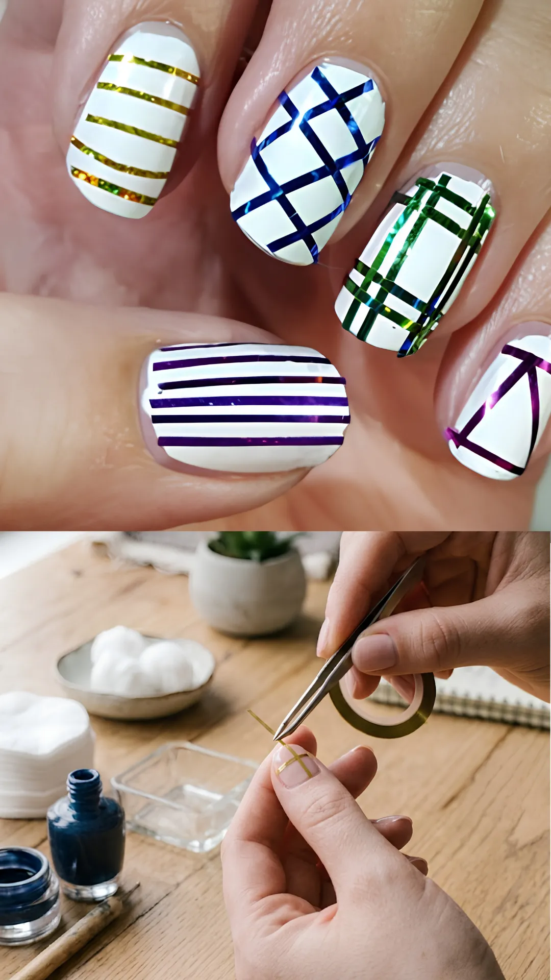 A composite photograph illustrating a striping tape tutorial. The top panel shows a macro view of square nails featuring various geometric patterns created with multi-colored metallic striping tape in gold, blue, green, and purple over a crisp white base. The bottom panel shows a person using precision tweezers to carefully position a strip of thin gold tape onto a nude nail.