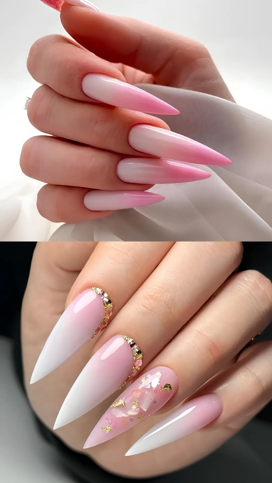 A split-panel photo showcasing soft yet dramatic pink ombre stiletto manicures. The top section depicts long, sharp stiletto nails with a seamless French ombre transition from a milky white base to a pastel pink tip resting against white fabric. The bottom section shows long stiletto nails featuring a pink ombre gradient, with select nails adorned with crystal rhinestones along the cuticles and embedded gold foil flakes.