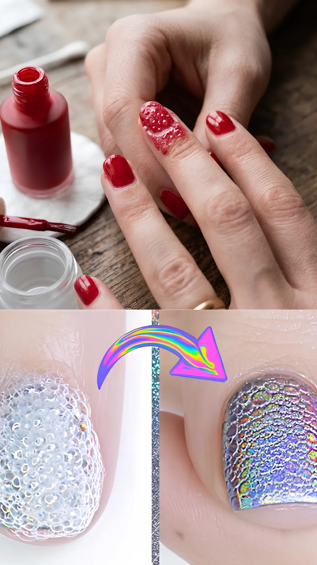 A split-screen photograph contrasting a topcoat mistake with a specialized textured finish. The upper section shows messy, thick red polish pooling into skin folds beside open bottles. The lower section presents a "Before and After" comparison using a purple arrow: the left shows wet polish covered in bubbly soap suds, while the right demonstrates the resulting dry, textured holographic foil bubble-effect manicure.