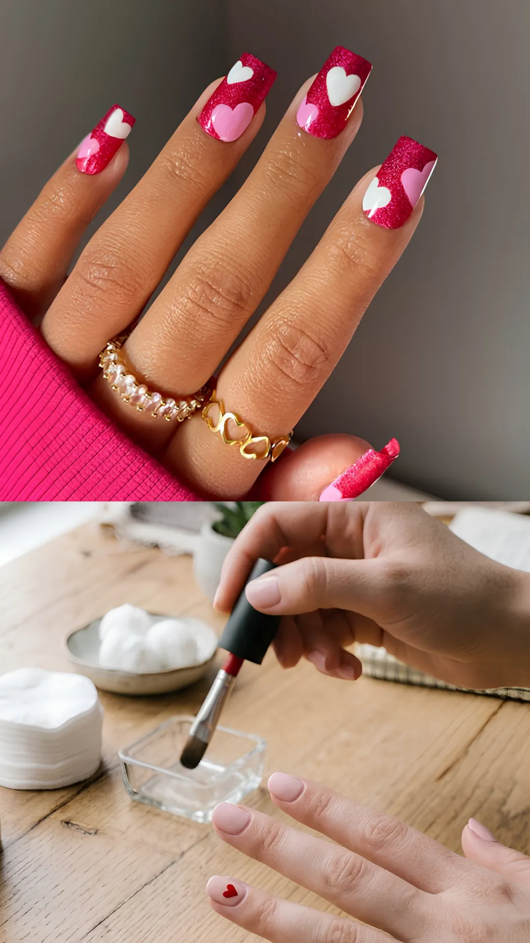 A split-panel image demonstrating a heart nail art design tutorial. The upper section showcases a hand with long, square coffin-shaped nails painted in a glittering dark pink base, decorated with contrasting light pink and white hand-painted hearts. The lower section depicts a person at a workspace using a fine detail brush to create clean heart shapes on a natural pink nail bed.