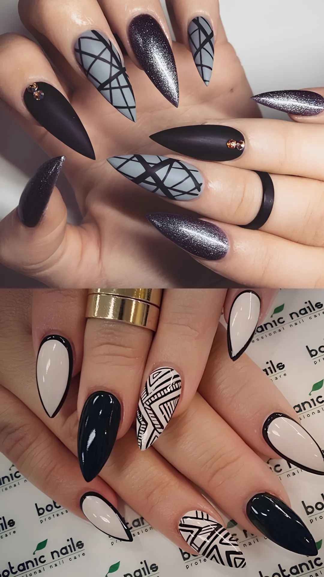 A two-part photograph displaying edgy matte and graphic stiletto nail art. The upper half features long, pointed stiletto nails in a mix of matte black, shimmering dark silver glitter, and grey accent nails painted with sharp, intersecting black line grids. The lower half shows two hands with stiletto nails featuring bold black-and-white color-blocking, sharp outline borders, and tribal geometric tile patterns.