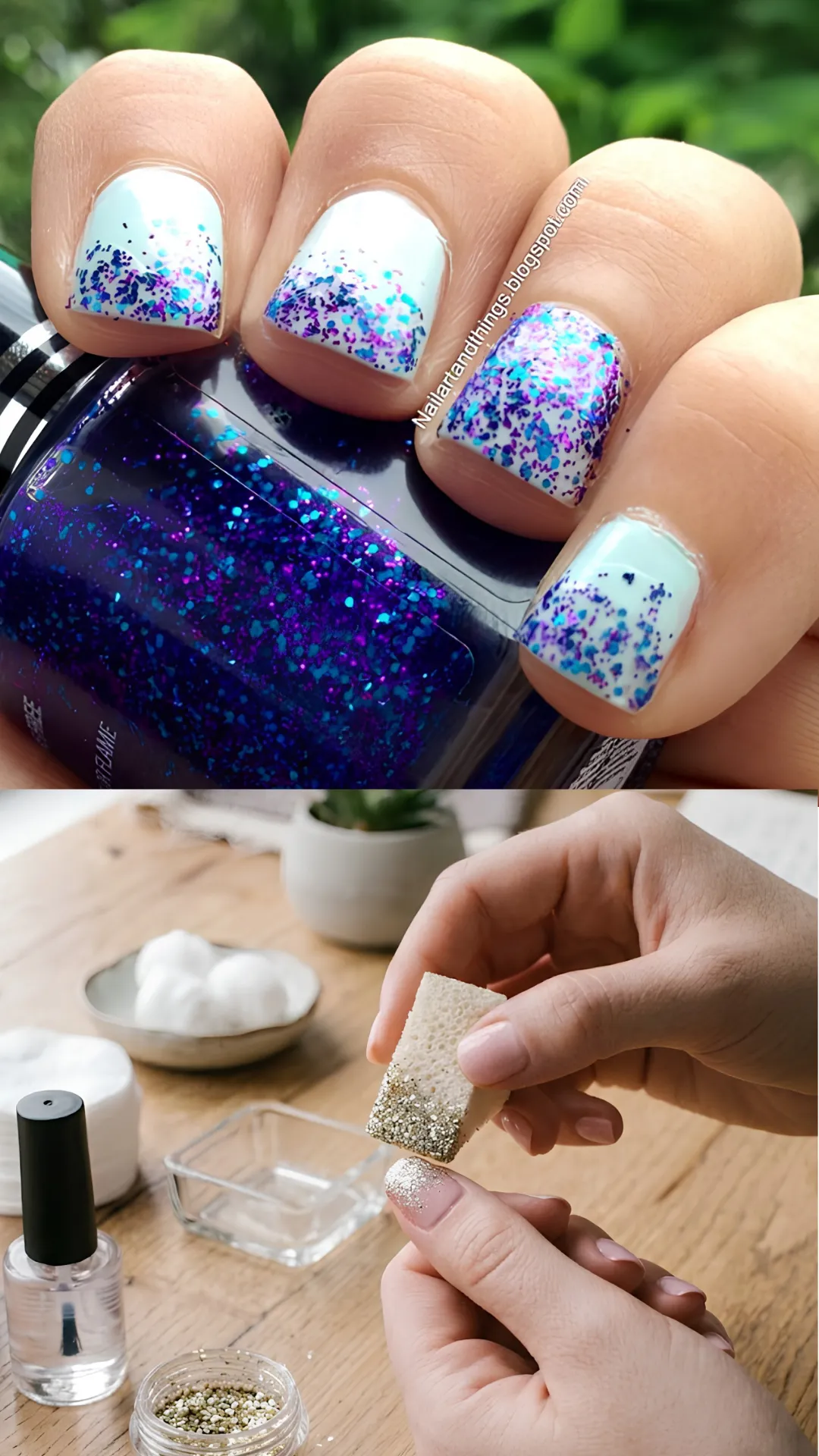 A two-part photograph showcasing a glitter placement and ombre tutorial. The top image shows a close-up of square nails with a light blue base, featuring an ombre gradient of chunky purple and blue glitter flakes concentrated at the tips. The bottom image shows a person using a makeup wedge sponge to dab metallic gold glitter onto the tip of a nude fingernail over a wooden workspace.