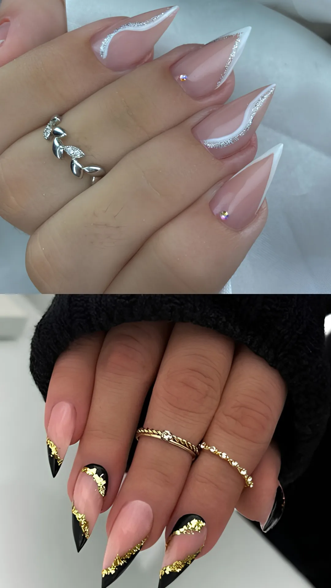 A split-screen image displaying elegant French stiletto variations. The top panel shows a close-up of long stiletto nails with a glossy nude base, featuring white French v-tips accented by sweeping silver glitter lines and tiny rhinestone studs near the cuticles. The bottom panel showcases stiletto nails with a natural pink base, decorated with sharp black French tips lined with shimmering gold leaf foil.