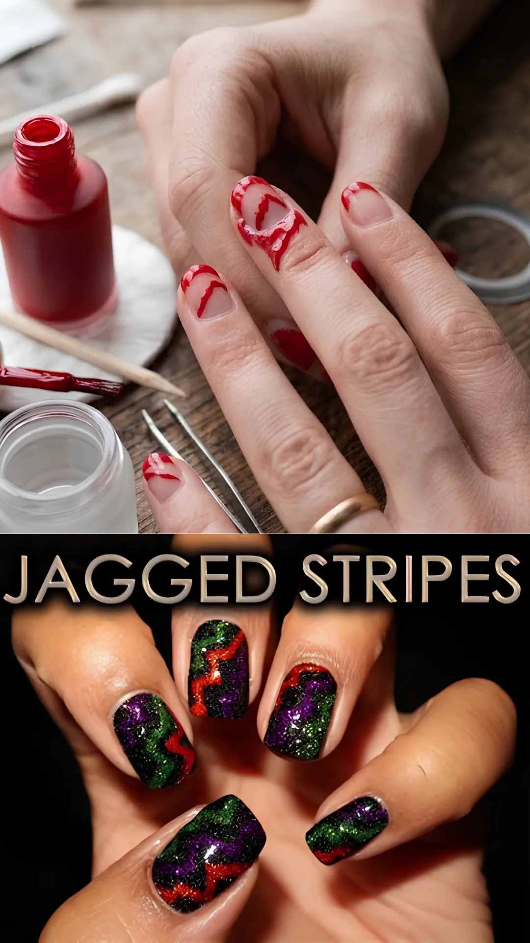 A two-part image labeled "JAGGED STRIPES" demonstrating tape bleed errors. The top half depicts a hand attempting a red French manicure using striping tape, resulting in uneven, smudged edges where polish leaked underneath the tape onto the skin. The bottom half shows a close-up of hands with a black, green, and red glitter manicure featuring harsh, jagged geometric stripes.