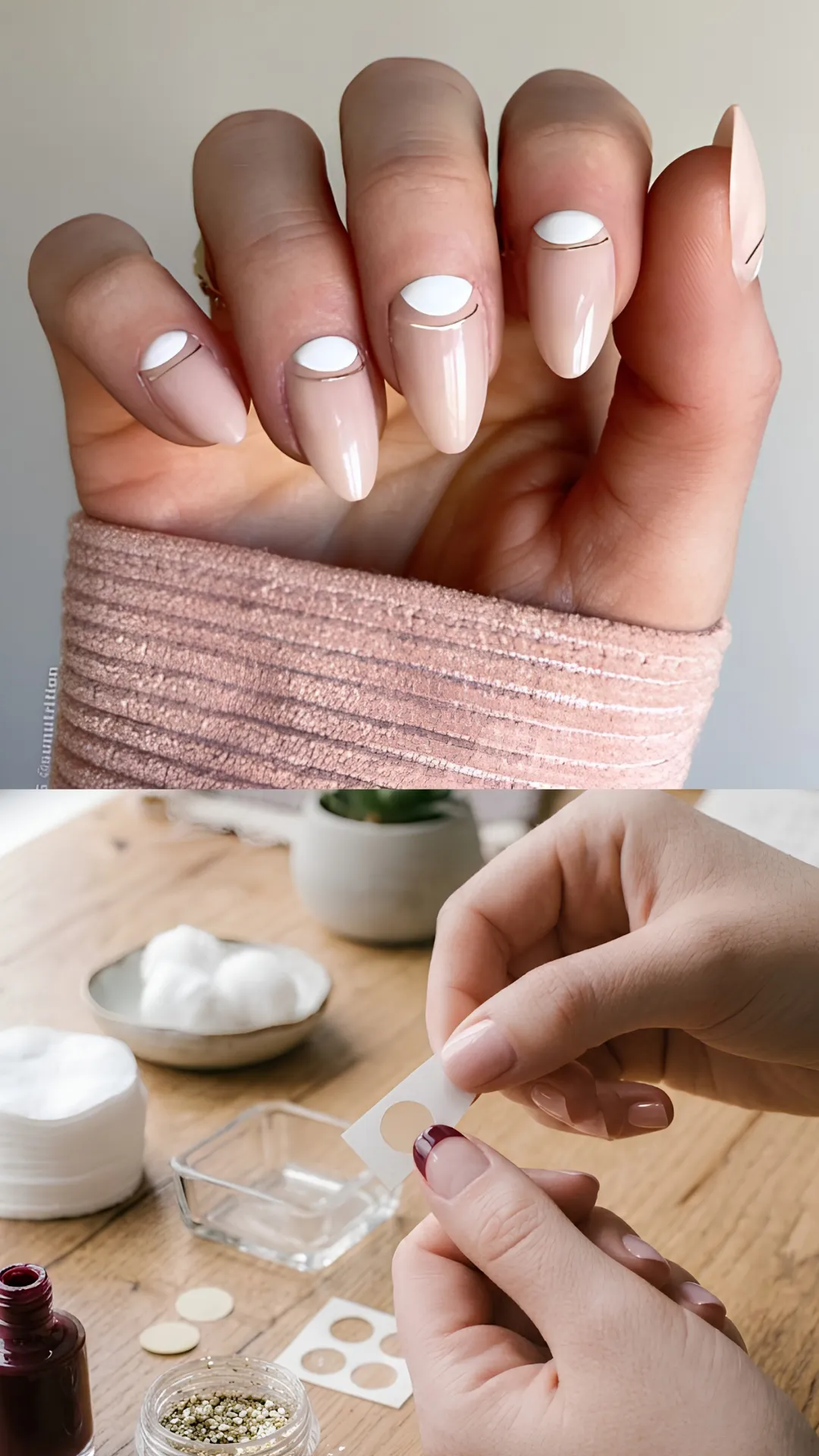A split-panel photo demonstrating a half-moon and French manicure guide. The top half shows long almond nails in a sheer nude base, featuring crisp white half-moon arcs painted along the cuticles bordered by fine black lines. The bottom half shows a person applying a circular paper reinforcer stencil guide near the cuticle area to paint a precise half-moon design with dark red polish.