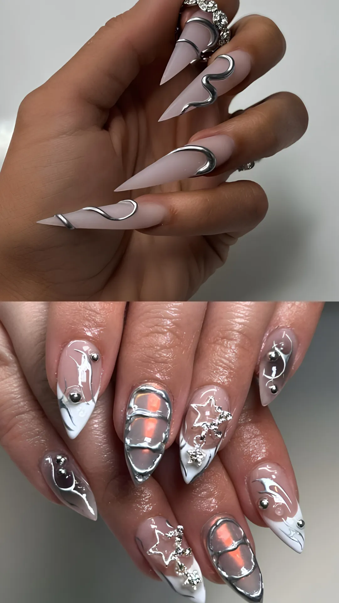 A composite photograph featuring futuristic 3D chrome and Y2K-inspired stiletto nail art. The upper photo shows a hand with long, sharp matte nude stiletto nails wrapped in raised 3D liquid silver chrome serpentine coils. The lower photo displays stiletto nails decorated with intricate 3D silver chrome frame overlays, dangling star charms, metal studs, and clear encapsulated gel arches.