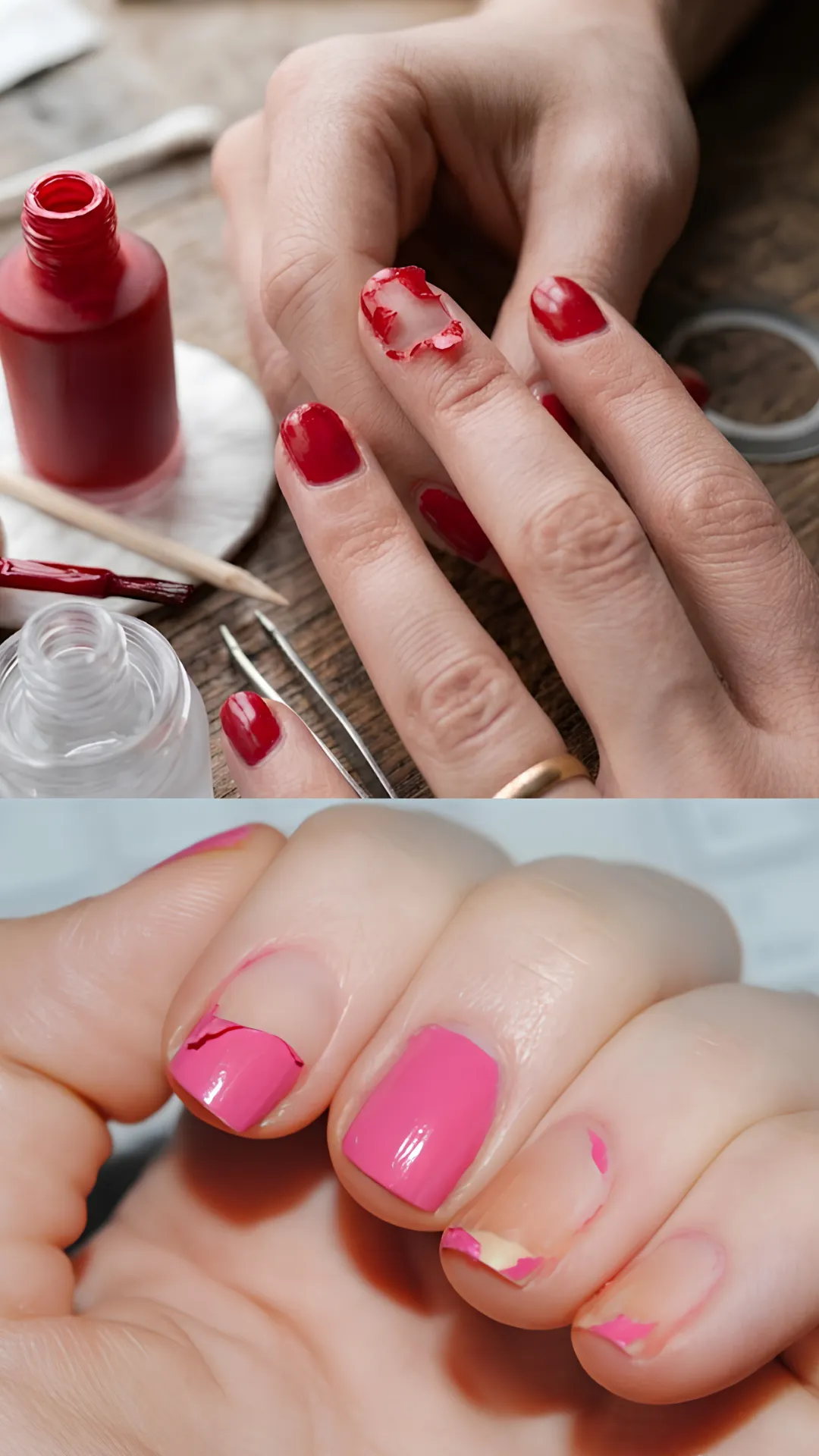 A split-panel photo illustrating premature peeling and chipping mistakes. The top half captures a hand with wet red polish that has smudged and torn off from the index fingernail during application. The bottom half displays a close-up of short square fingernails painted in bright pink polish that is severely cracking, lifting at the cuticles, and peeling away in large chunks.