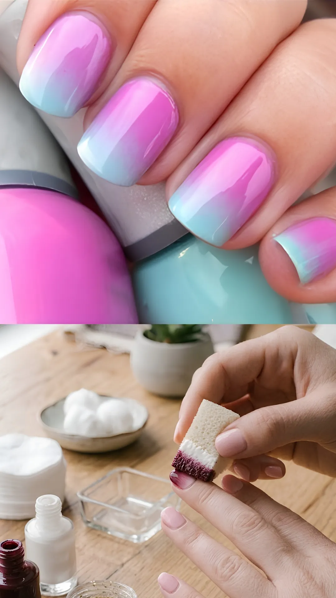 A two-part composite photo illustrating a sponge gradient or ombre tutorial. The upper section showcases a close-up of square nails featuring a seamless two-tone pastel gradient that transitions smoothly from bright pink at the cuticles to baby blue at the tips. The lower section shows a person dabbing a makeup sponge covered in dark plum and white polish onto a fingernail to create an ombre effect.