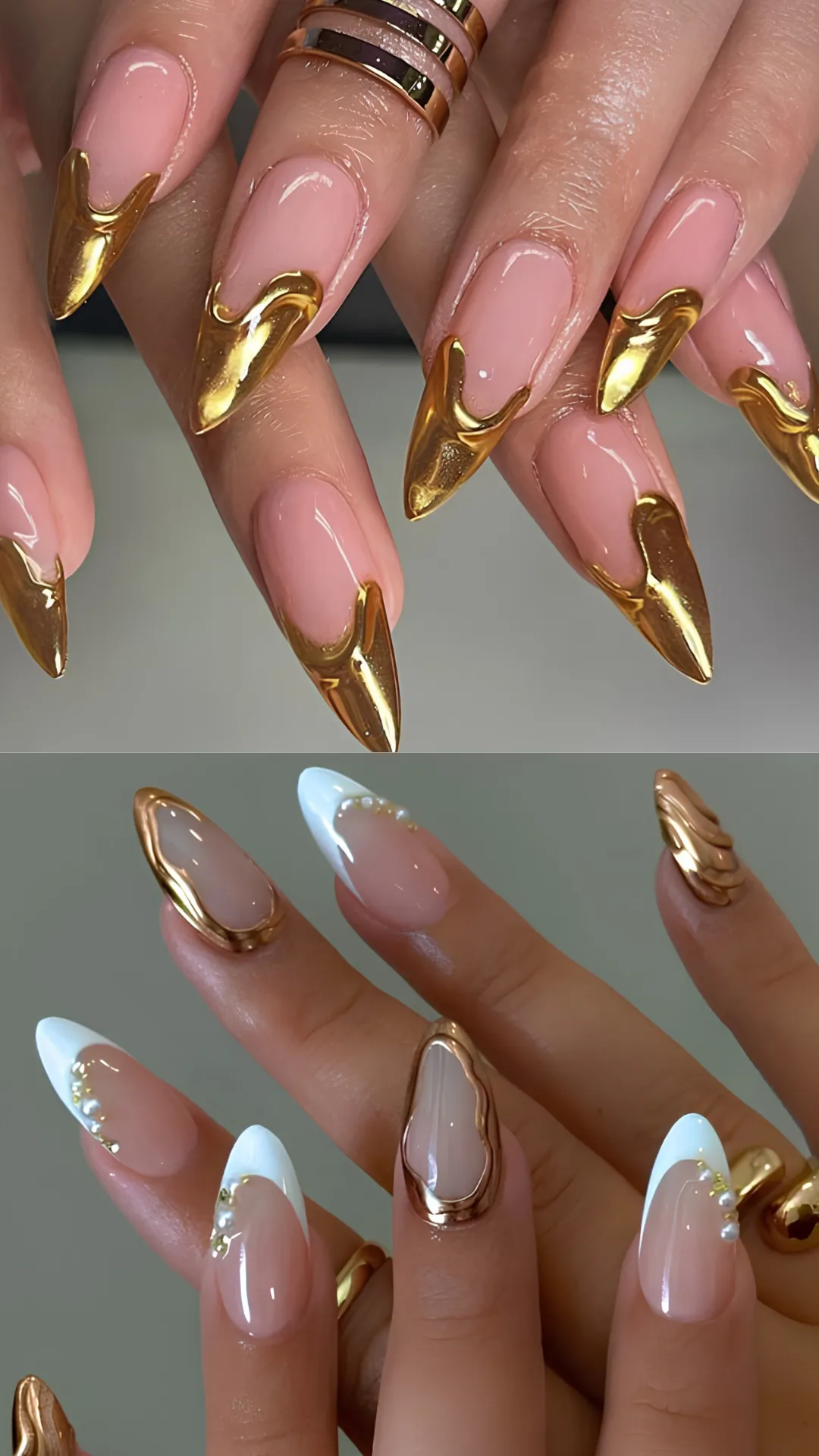 A split-panel image showcasing opulent liquid gold chrome accents on long stiletto nails. The top image displays stiletto nails with a glossy nude base, featuring dramatic 3D melted gold chrome tips that pour down the nail beds. The bottom image shows a combination of white French tips accented with tiny pearls and nails bordered by 3D gold chrome frame outlines.