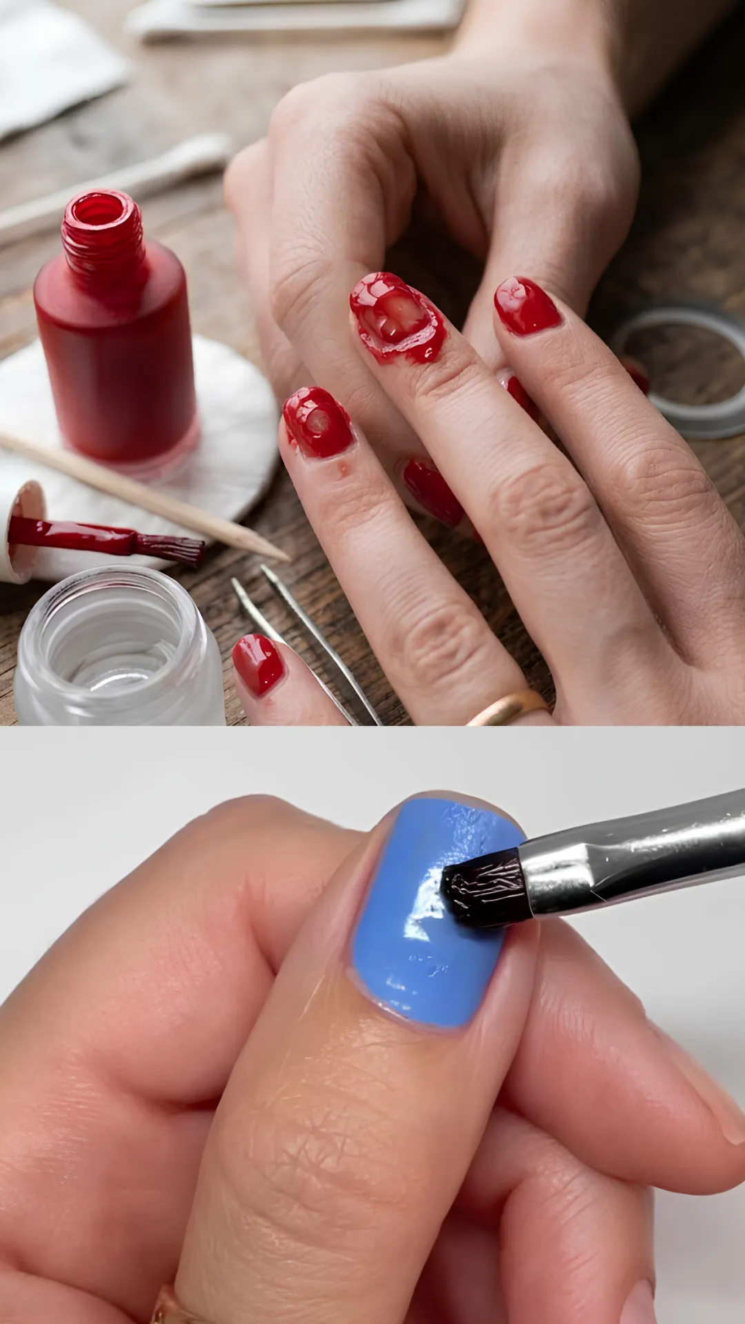 A split-screen photograph showing texture ruin versus proper smoothing techniques. The upper half displays a ruined red manicure with deep dents and fingerprints pressed into wet, uncured polish layers. The lower half depicts a close-up of a person using a flat, damp nail art brush to smooth out a layer of periwinkle blue polish, demonstrating how to fix surface bumps.