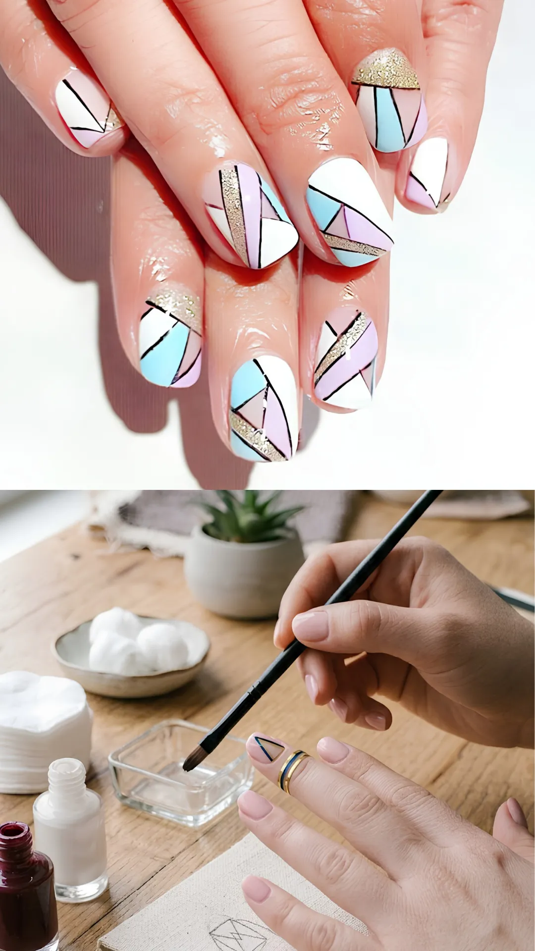 A split-screen photograph highlighting a geometric color-block tutorial. The upper photo shows a hand with square nails featuring a multi-colored geometric pattern combining pastel pink, light blue, white, and gold glitter sections separated by bold black lines. The lower photo depicts a person using a fine detail liner brush to paint straight black geometric border lines onto a nude nail.