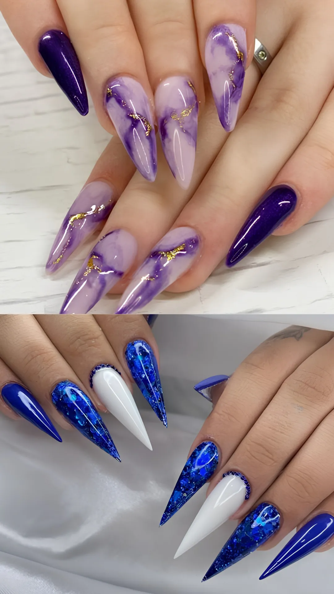 A two-part photograph featuring gemstone marble and encapsulated glitter stiletto designs. The top half displays long stiletto nails with a swirling amethyst purple marble design interwoven with gold foil veins, paired with solid deep purple accent nails. The bottom half showcases extra-long, sharp stiletto nails featuring encapsulated cobalt blue foil glitter paired with crisp white accent nails.