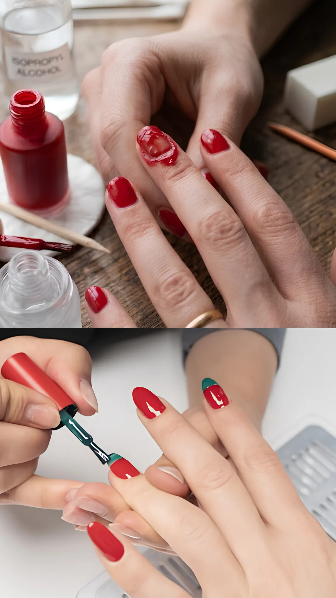 A two-part image demonstrating thick polish pooling versus thin, controlled layering. The top half shows red polish pooling unevenly at the cuticle bed and running off the sides of the nail. The bottom half shows a nail technician using a thin brush to apply a precise, controlled layer of dark teal polish over a red base, ensuring a smooth, thin application that won't lift.