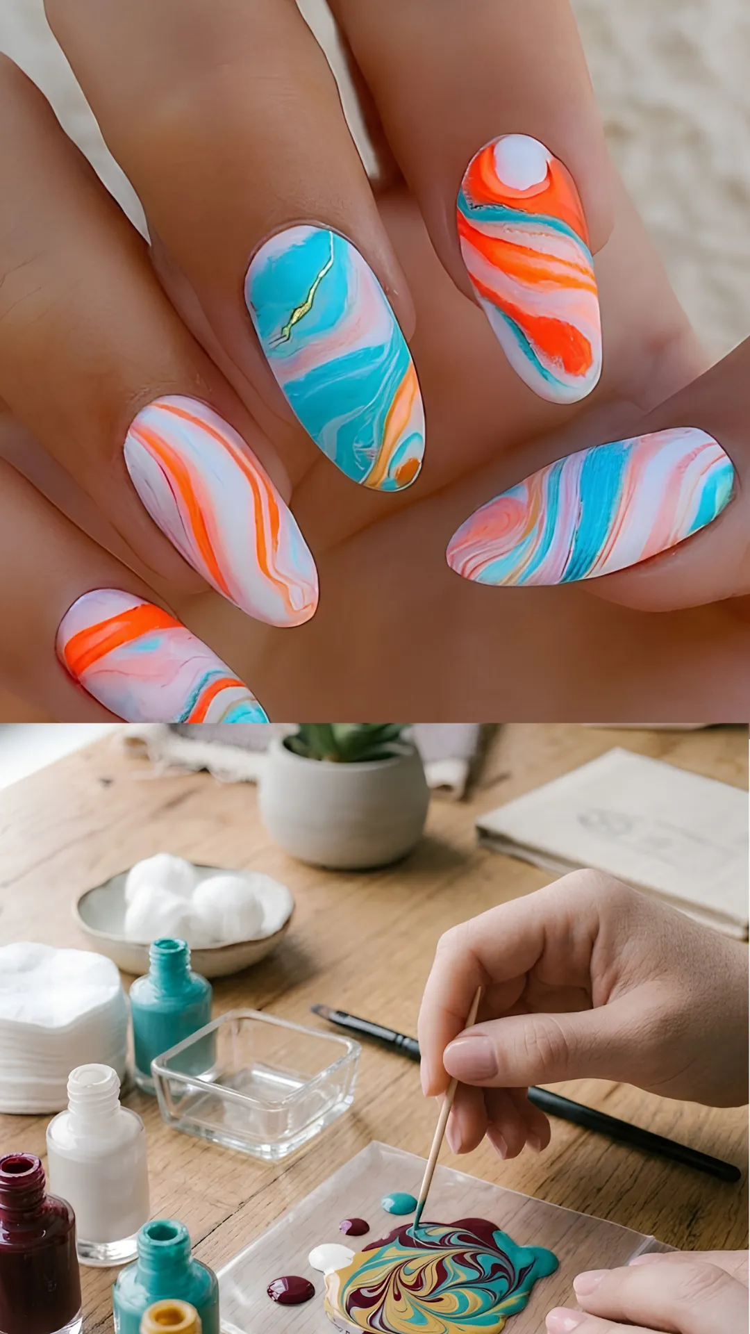 A two-panel image showing a water marble or dry marble nail art tutorial. The top photo displays long almond nails with a swirling marble design in pastel orange, bright teal, white, and gold chrome accents. The bottom photo shows a person using a wooden toothpick to swirl drops of teal, white, and dark red nail polish together on a glass palette before applying it to the nail.